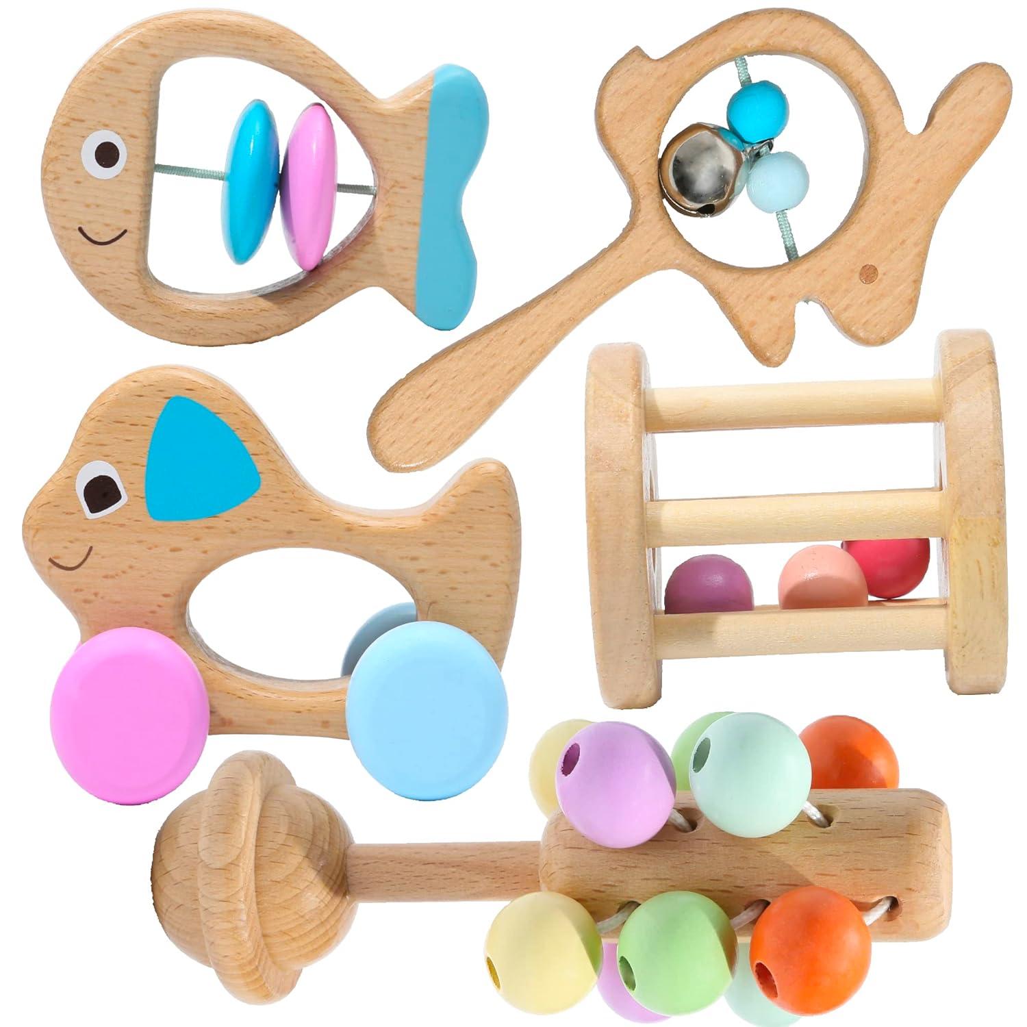 Montessori Mama Wooden Toys for Babies 5-Piece Collection - Multi-Sensory Learning Rattle for Babies - Infant Wooden Toy Set Baby Weights Toys - Teether