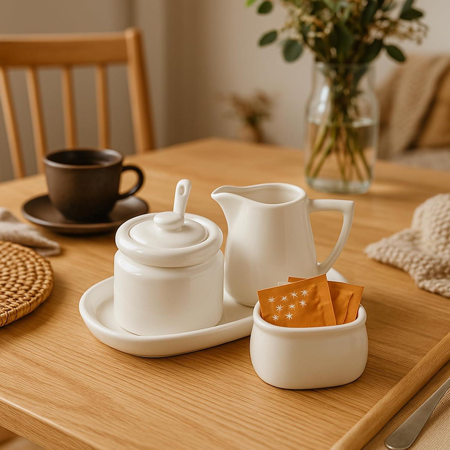 Stack man Set Of 4 Porcelain Creamer And Sugar Set With Saucer, Sugar Bowl With Lid And Spoon, Cream Pitcher, Sweetener Holder, Coffee Serving Set For Kitchen Home Cafe Party, Restaurant, White