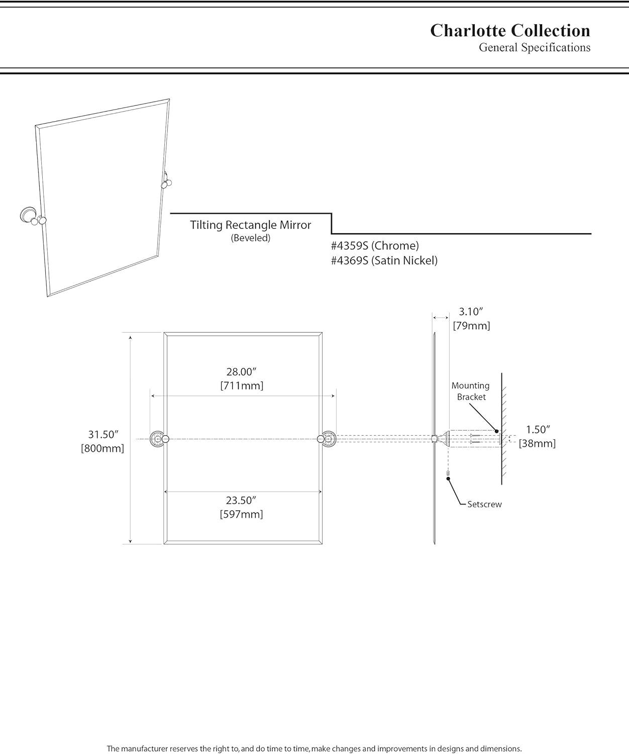 Charlotte Frameless Rectangle Bathroom Vanity Mirror | Pivoting and Beveled Wall Mirror