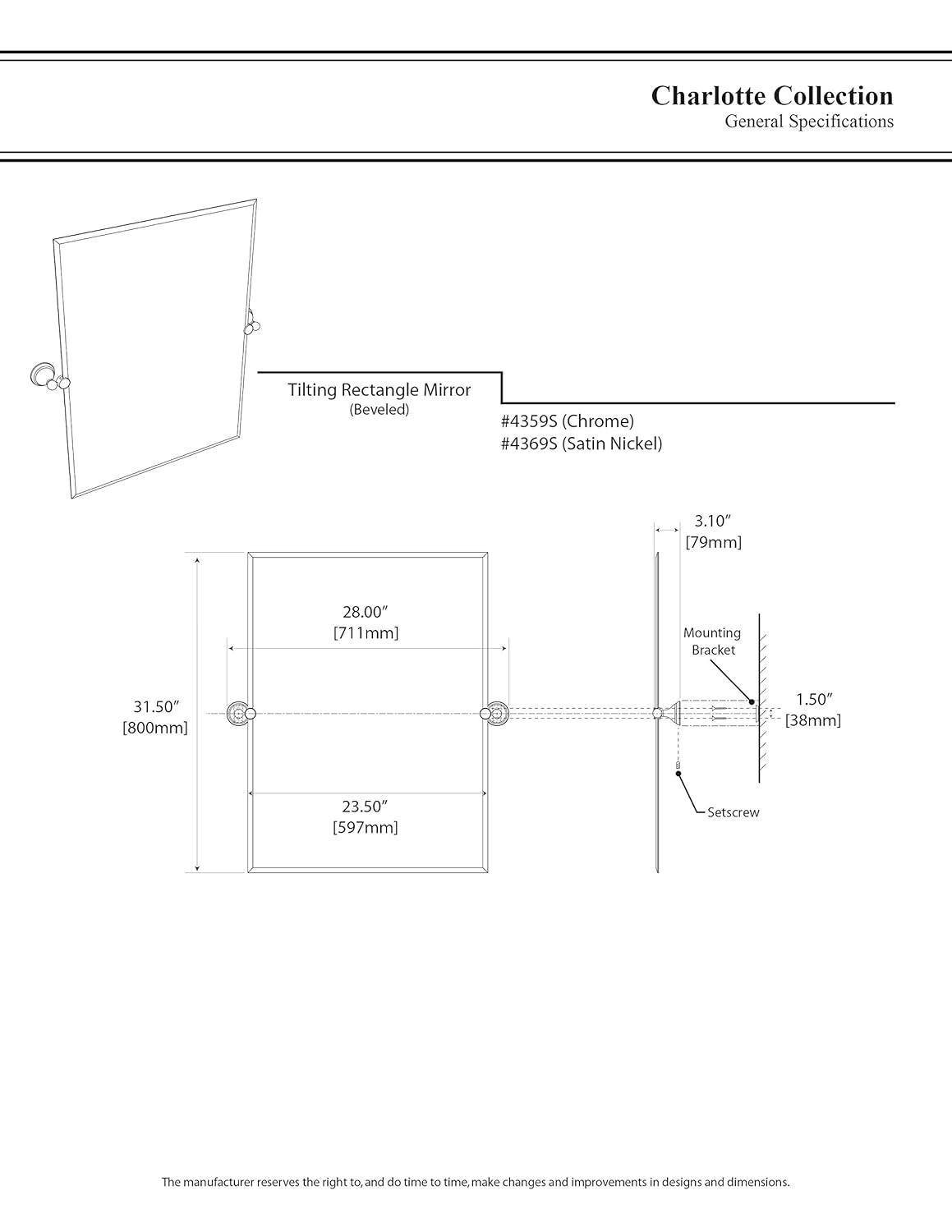Charlotte Frameless Rectangle Bathroom Vanity Mirror | Pivoting and Beveled Wall Mirror