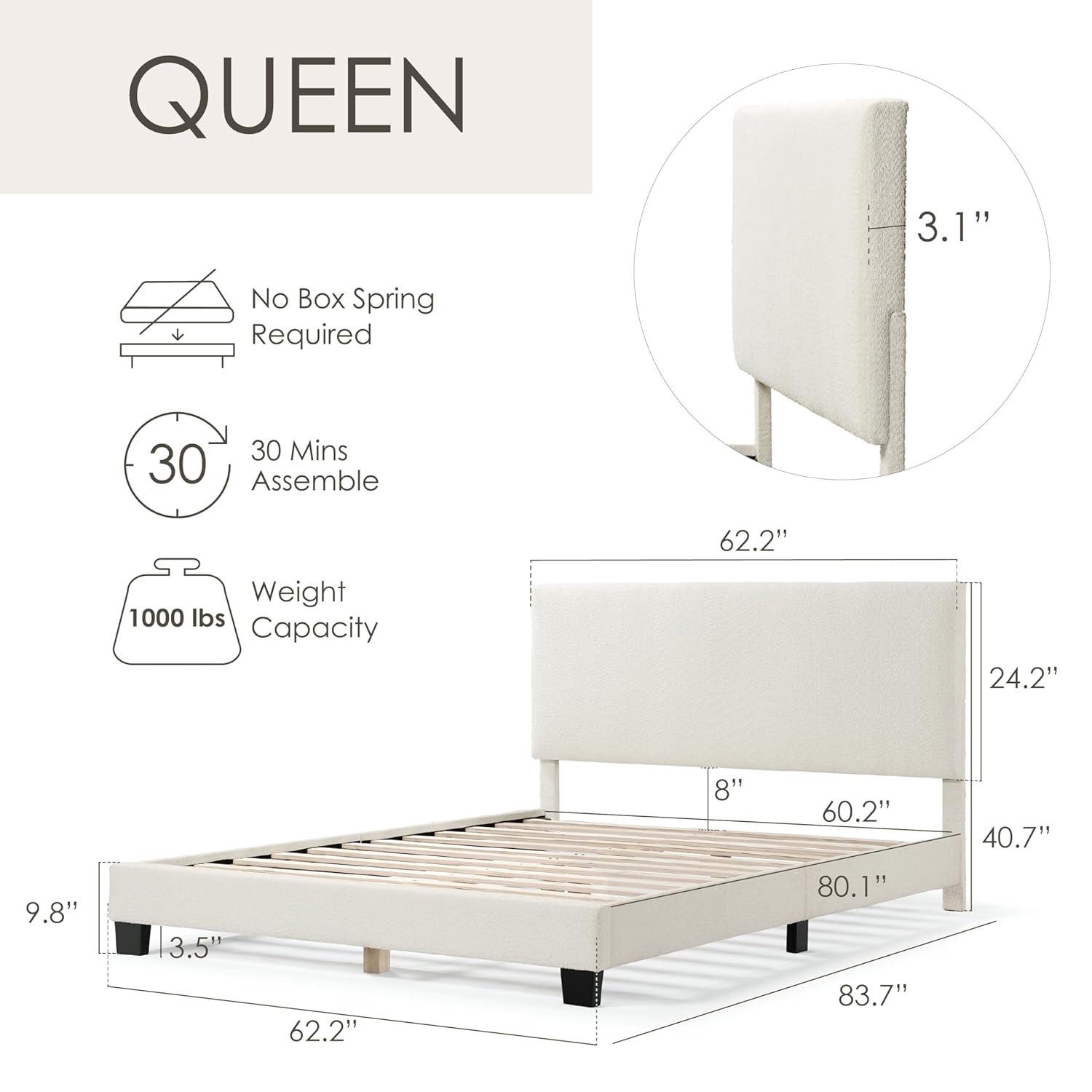24/7 Shop At Home Queen Heartwild Modern Boucle Upholstered Standard Platform Bed White
