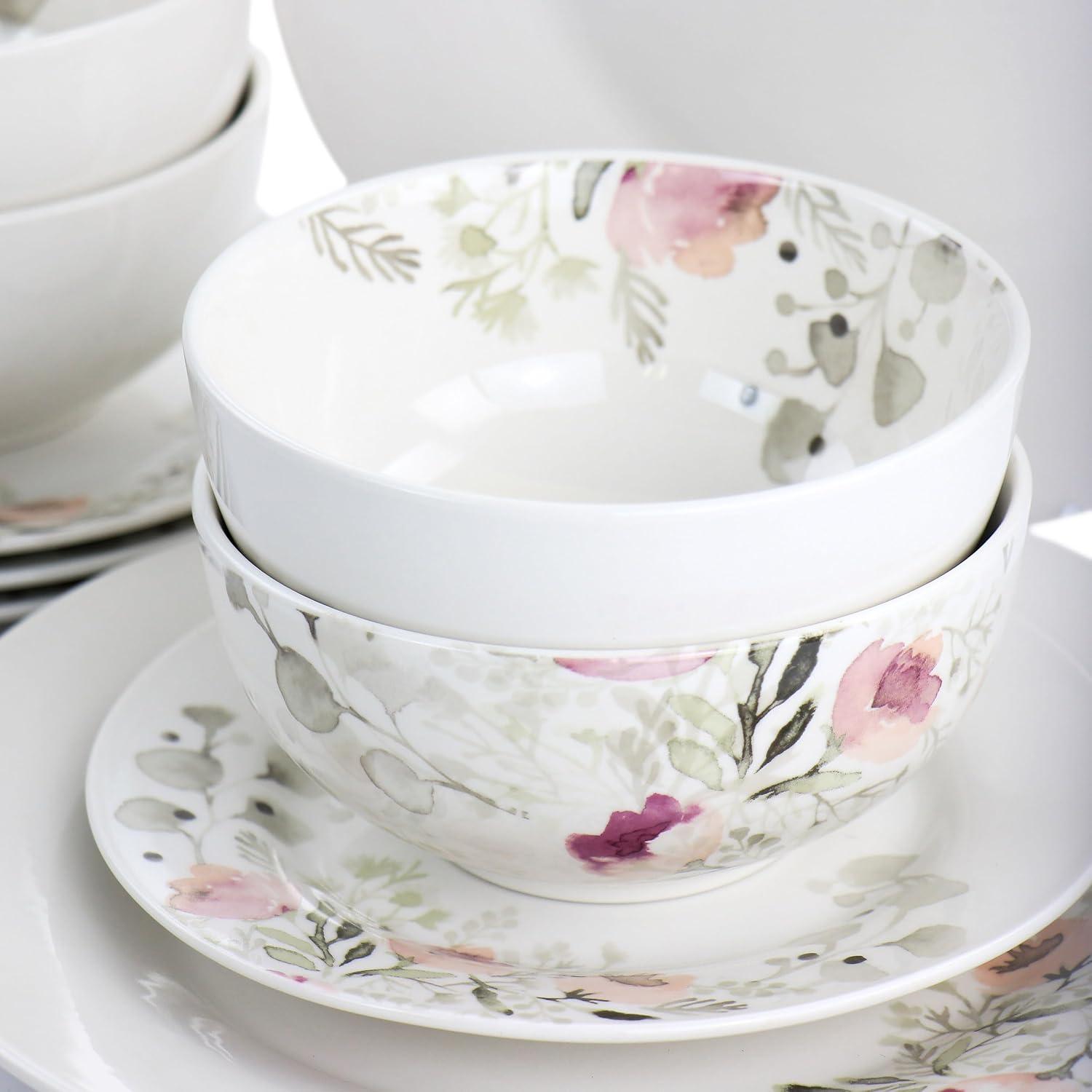 12pc Home Lily Garden Ceramic Dinnerware Set White/Pink