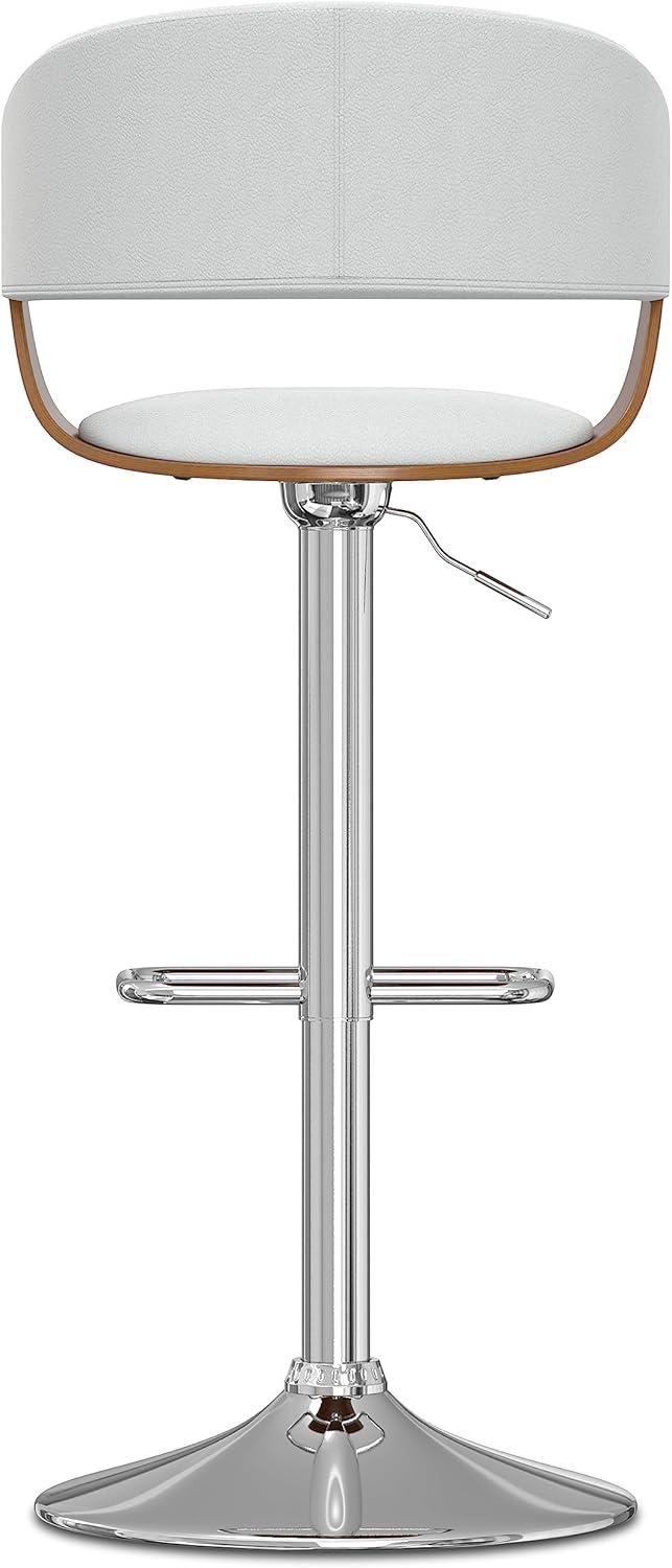 White Faux Leather Adjustable Swivel Bar Stool with Wood Accents