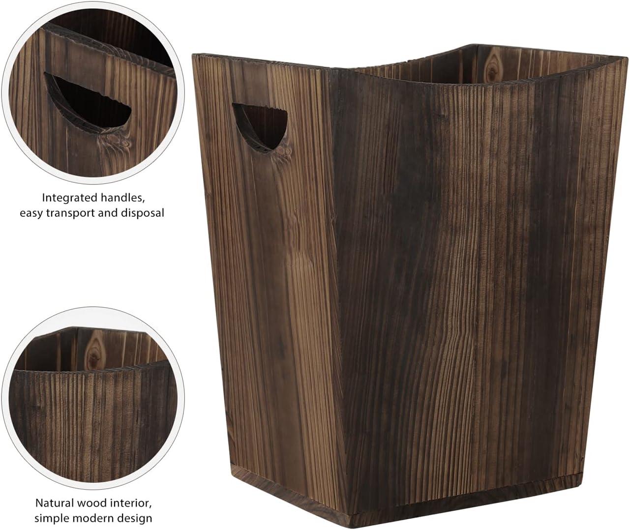 Rustic Brown Fir Wood Rectangular Wastebasket with Handles