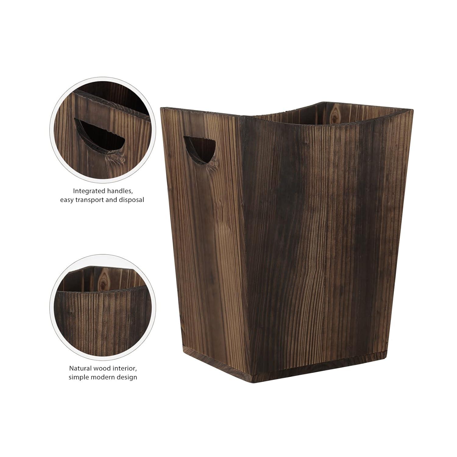 Rustic Brown Fir Wood Rectangular Wastebasket with Handles