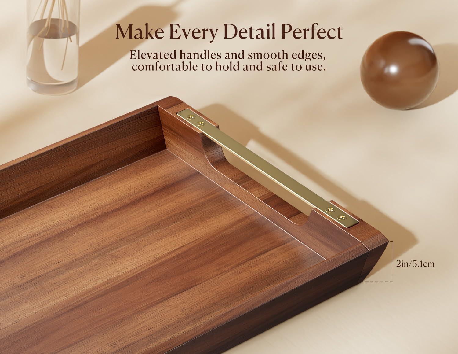 Acacia Wood Serving Tray With Metal Handles, 17X13in Food Drinks Tray For Coffee Table, Breakfast, Dinner & Bar, Rustic Decorative Storage Tray For Ottoman, Kitchen, Bedroom Gift Packaging