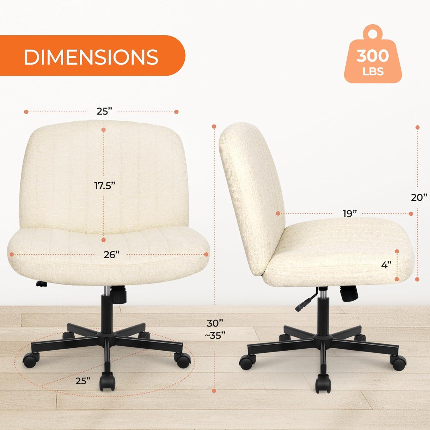 Orange Factory Criss Cross Chair with Wheels, Armless Cross Legged Office Desk Chair, Wide Comfy Vanity Rolling Swivel Modern Comfortable Fabric Computer Task Chairs for Home Office (Beige)