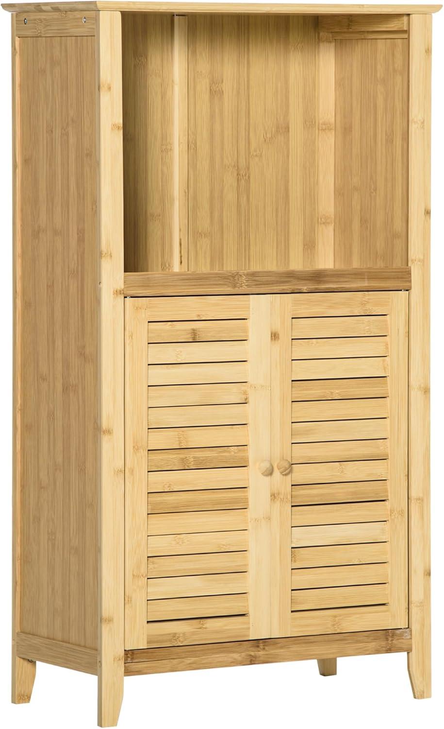 HOMCOM Bamboo Floor Cabinet Bathroom Floor Cabinet Living Room Organizer Tower with Multiple Shelves and Doors, Natural