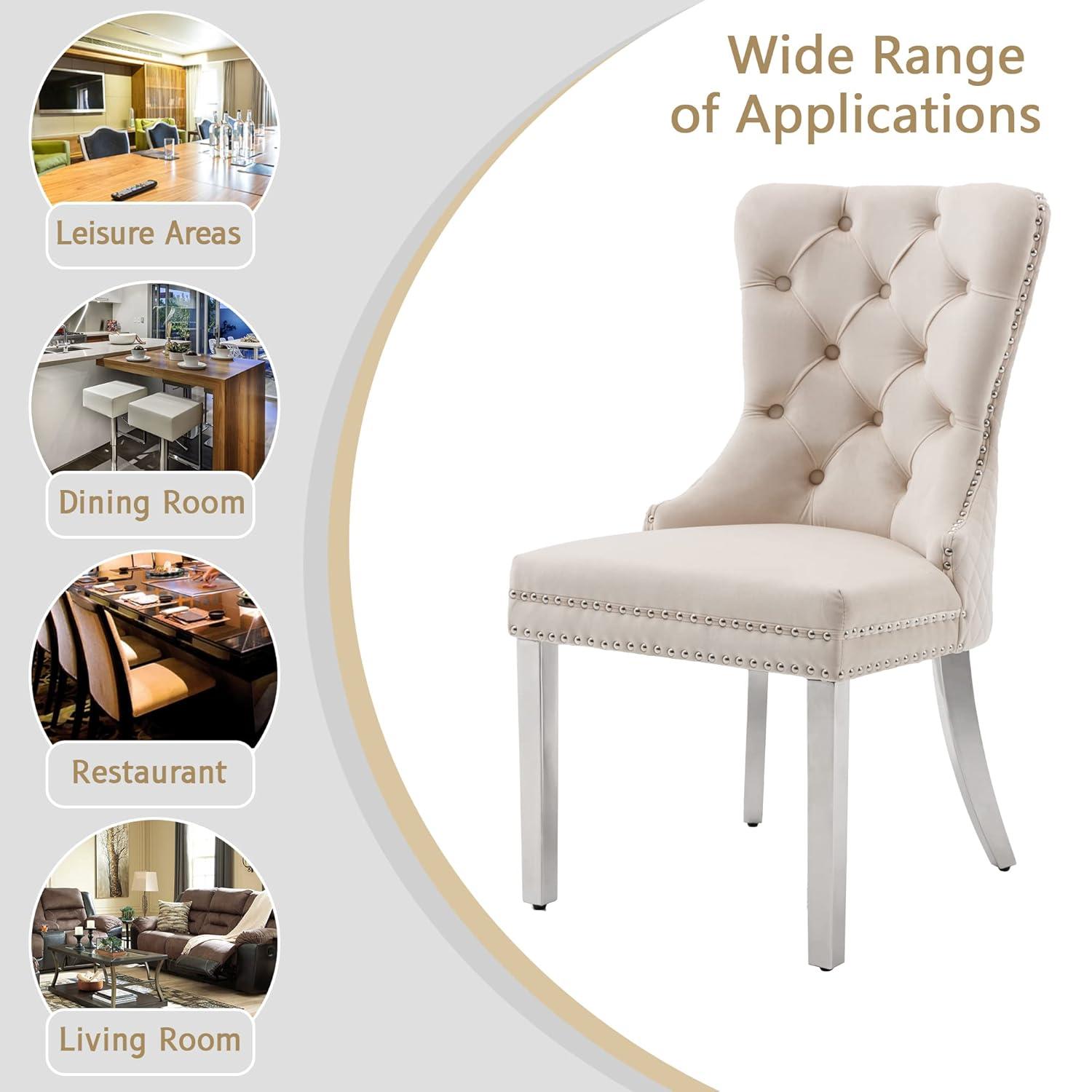 KCC Velvet Dining Chairs Set of 2, Upholstered High-end Tufted Dining Room Chair with Nailhead Back Ring Pull Trim Solid Wood Legs, Nikki Collection Modern Style for Kitchen, Black