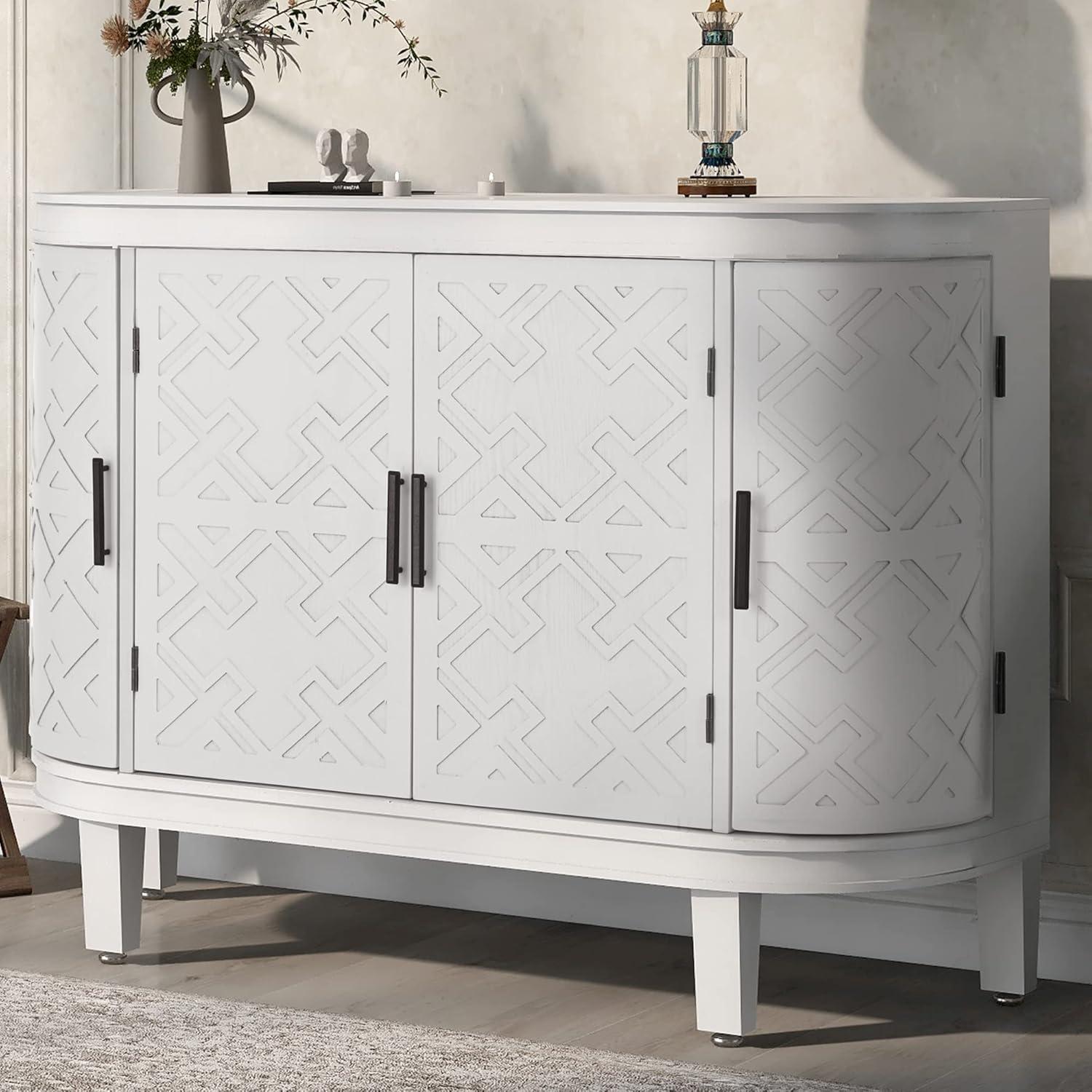 Amposei Vintage Curved Sideboard Buffet 47.2-Inch Accent Storage Cabinet Wooden Console Table Coffee Bar Cabinet with 4 Doors and Interior Shelves for Living Room Entryway (White)