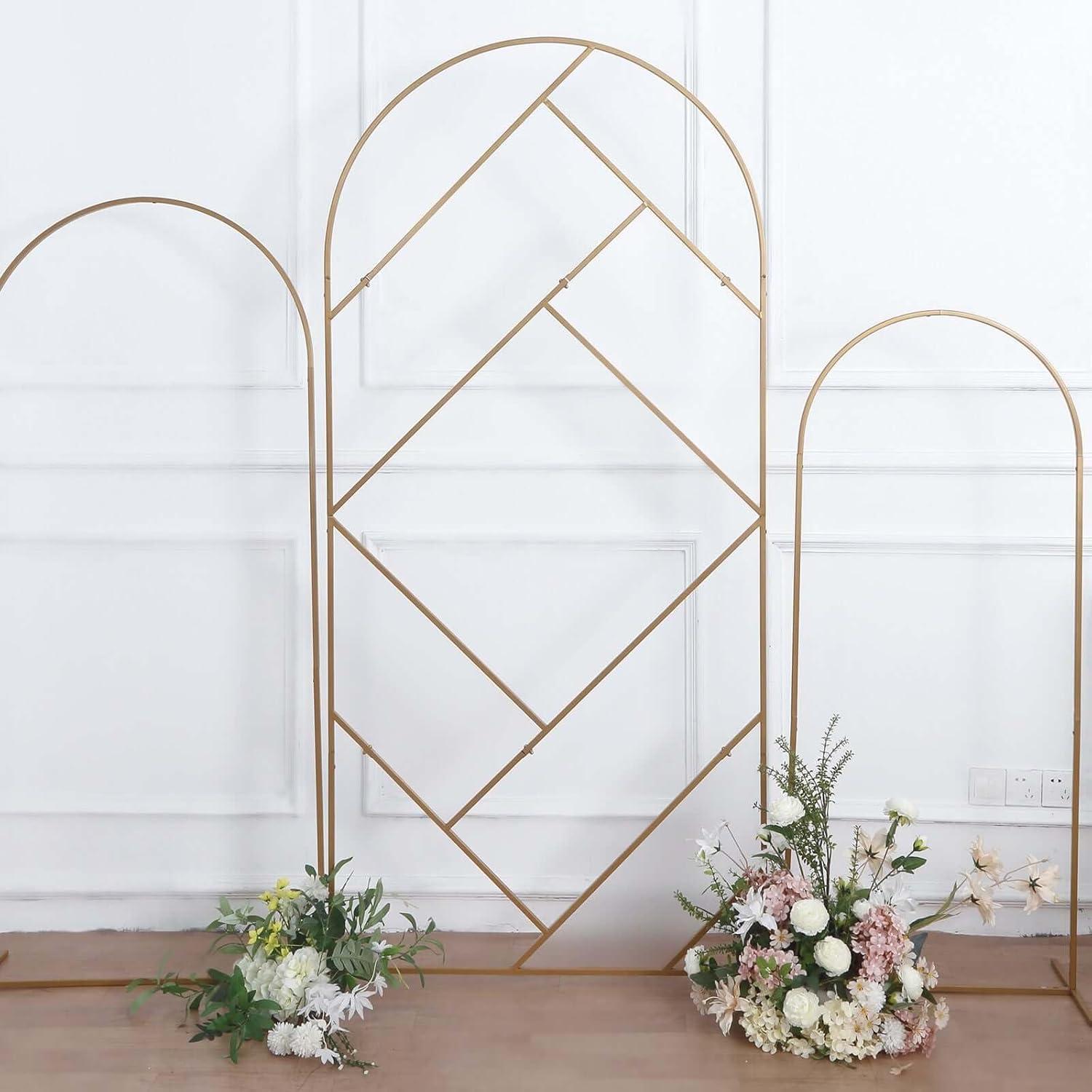 Efavormart 7ft Tall Gold Metal Geometric Wedding Backdrop Rectangle Floor Stand, Flower Stand Doorway Wall Prop With Cloudy Film Insert for Weddings, Showers, Party, Centerpiece Decorations