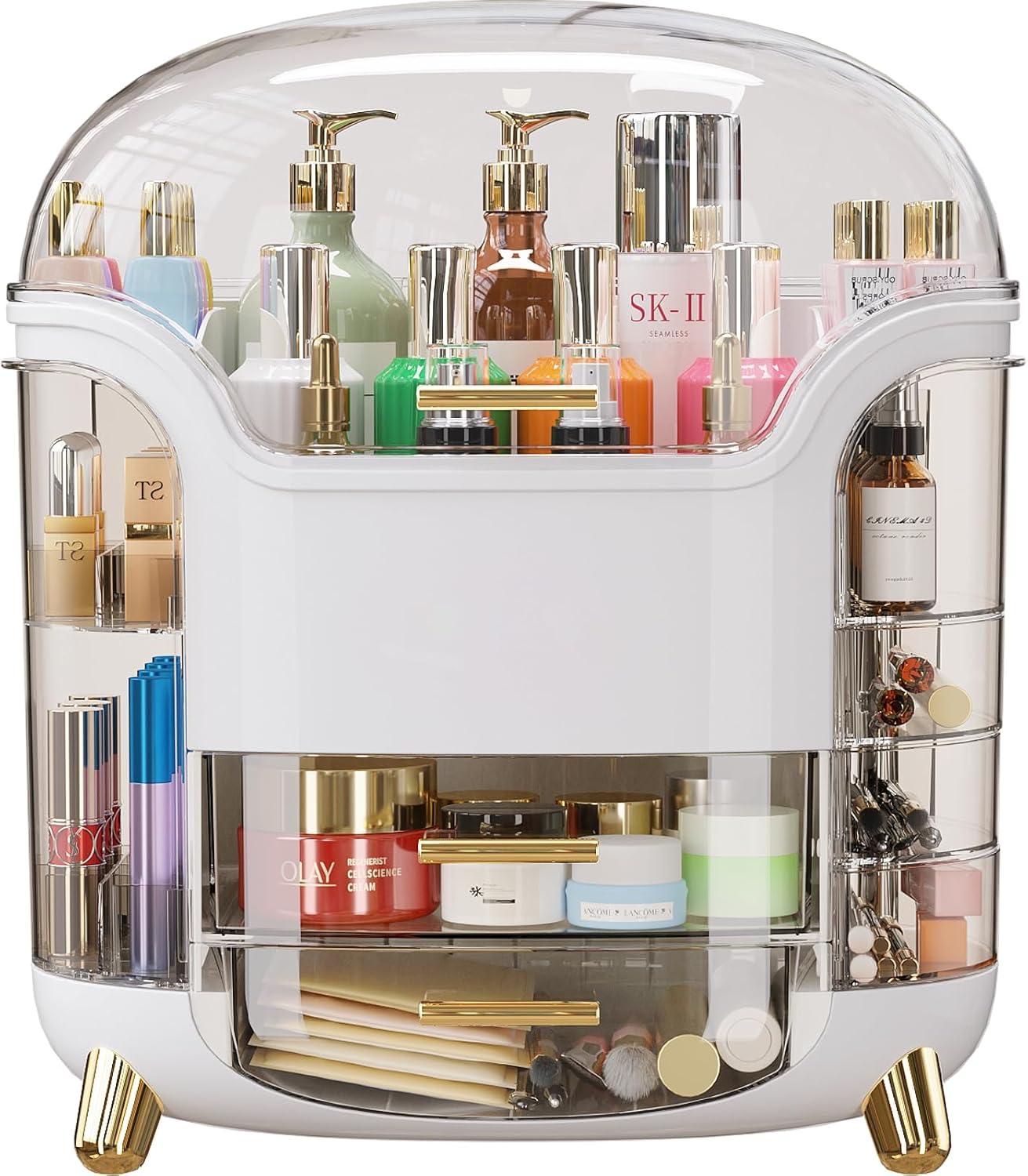 Makeup bag Storage Box, Countertop Portable Vanity Cosmetics MAKE UP bathroom organizers and Storage, Cosmetics Organizer Box for Countertop & Drawers, Skincare Organizers Box by KME (White 360)