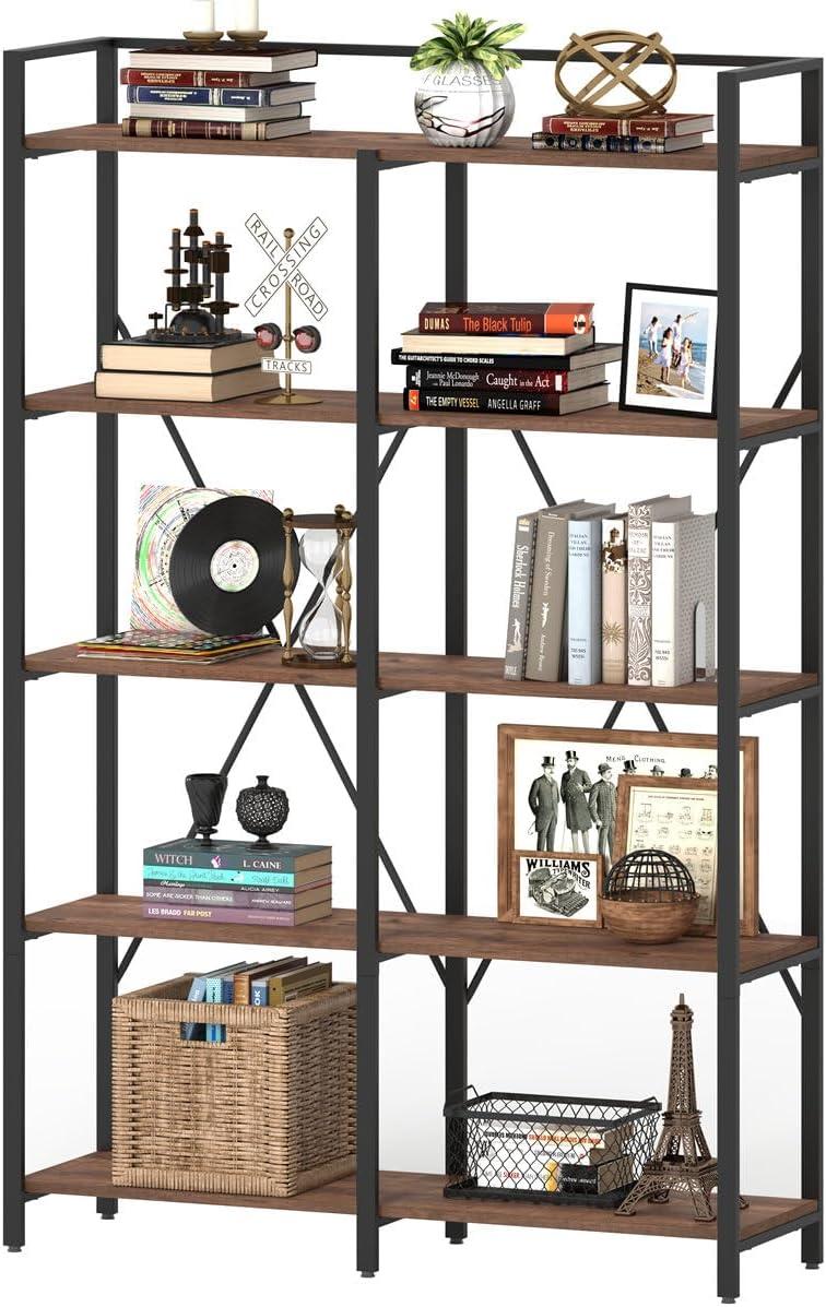 Rustic Oak and Black Metal 5-Tier Industrial Bookshelf