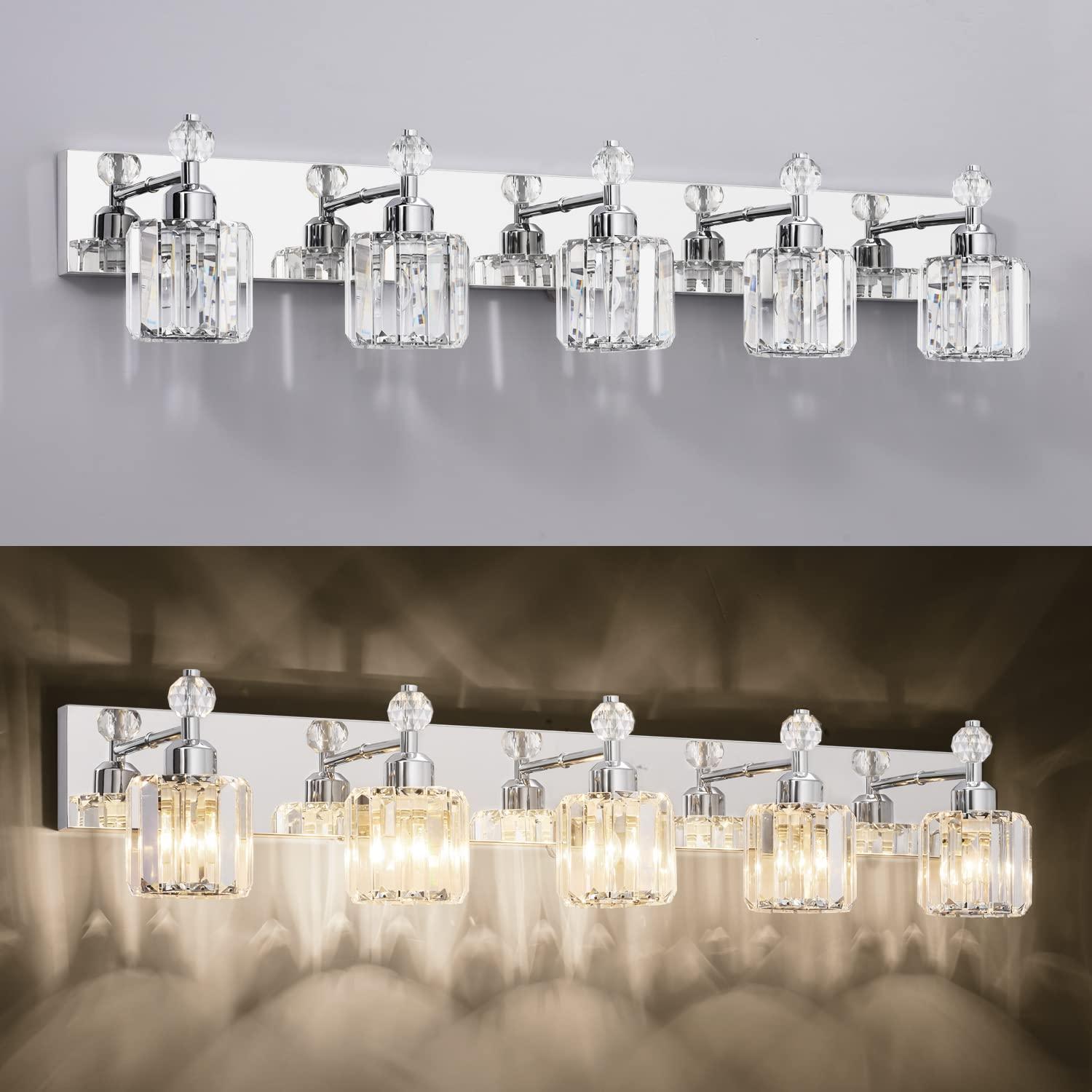 PRESDE Black Crystal Bathroom Lights Fixtures Over Mirror Modern 3 Light Vanity Lighting Bathroom Wall Light Fixtures(Exclude Bulb)