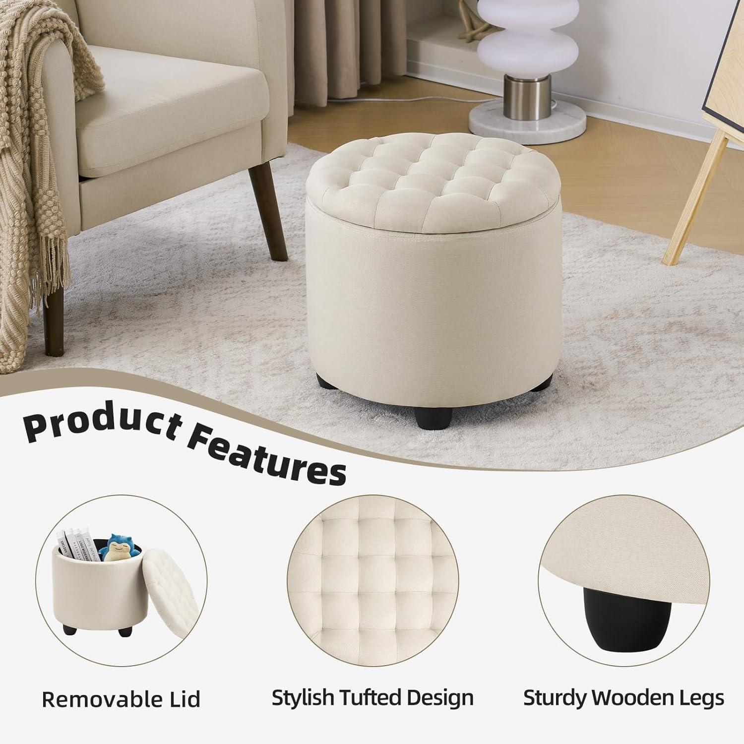 Furniliving Upholstered Round Storage Ottoman Large Tufted Ottoman with Removable Lid Footrest Stool for Living Room, Bedroom, Beige