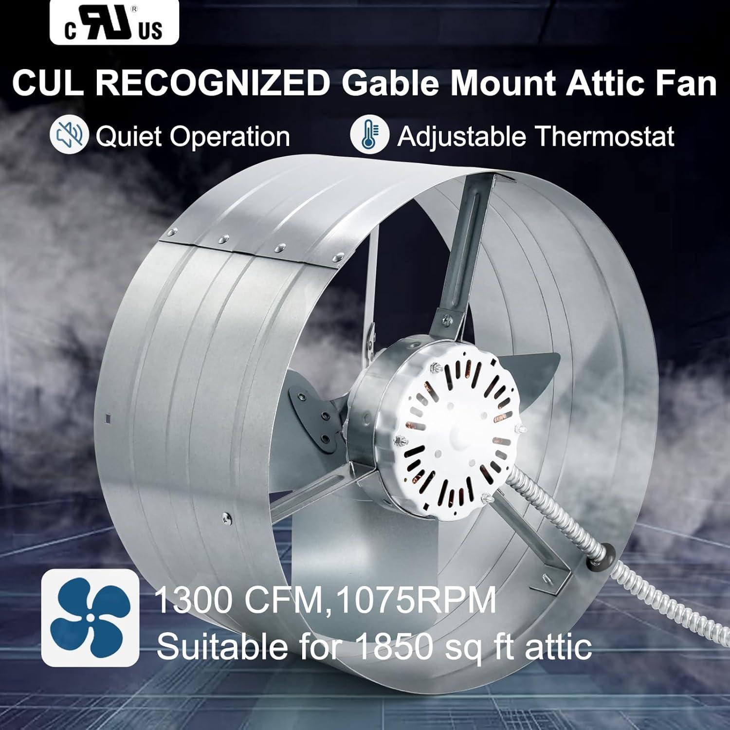 Criditpid 15" Gable Mount Vent Attic Fan, Exhaust Ventilation Fan with Adjustable Thermostat for Gable, Home, Shed, Garage, Portable Building, 3.4A, 1300CFM, 1075RPM, 1850 Sq.Ft Coverage Area.