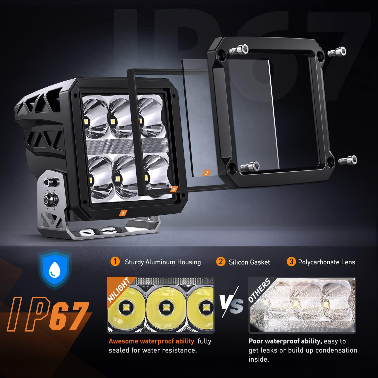 Nilight 4 Pulgadas Cuadrada Pod con DRL 6487LM 10 ° Súper Punto 16AWG Kit de Arnés de Cableado para Trabajos Auxiliares de Conducción Todoterreno 4x4 Jeep Llevó la Luz Antiniebla Automotriz Se Adapta a Camión, UTV, ATV, SUV, 60W