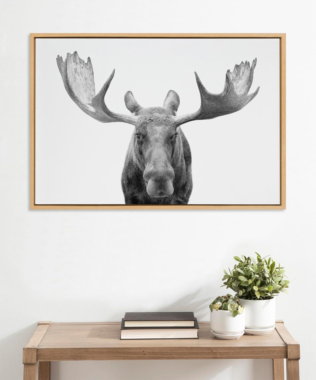 Kate and Laurel Sylvie Moose Black and White Framed Canvas Wall Art by Amy Peterson Art Studio, 23x33 Natural, Modern Animal Portrait Art for Wall