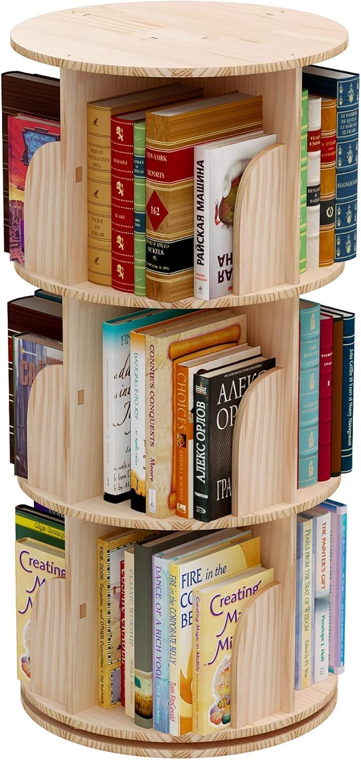 Natural Wood 3-Tier Rotating Stackable Bookshelf Organizer