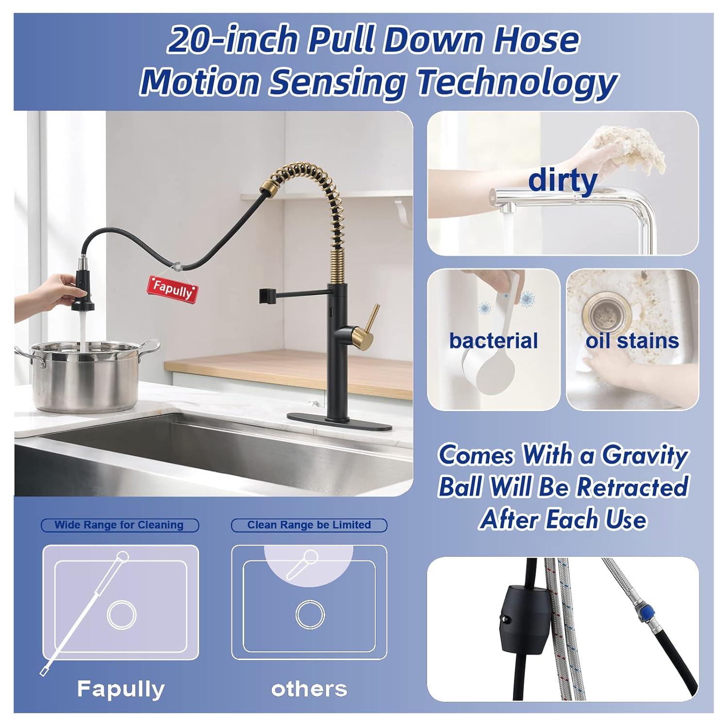 Fapully Touchless Kitchen Faucet with Pull Down Sprayer, Brushed Gold Motion Sensor Smart Commercial Single Handle Single Hole Faucet for Kitchen Sink