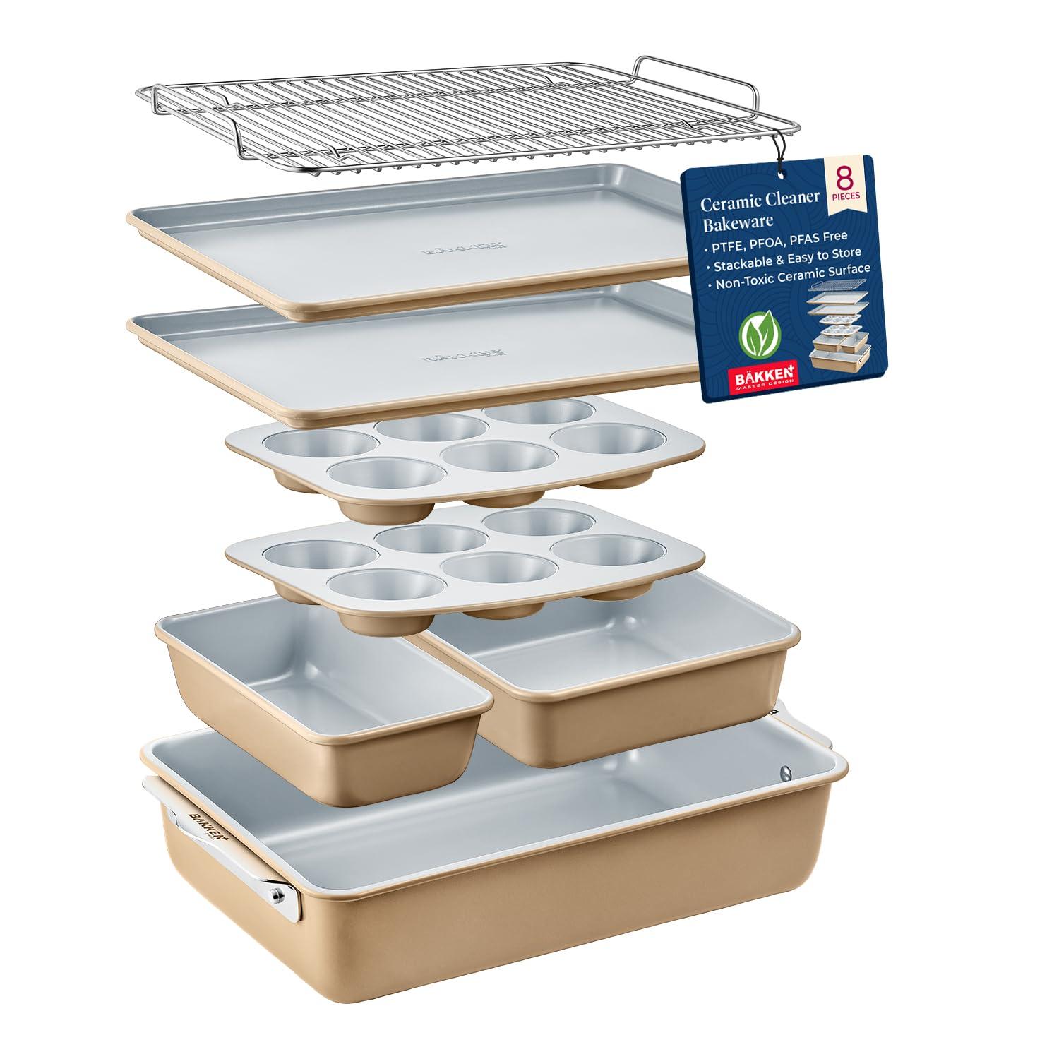 Bakken Swiss 8-Piece Stackable Bakeware Set - Ceramic Non-Stick Coating - GOLD