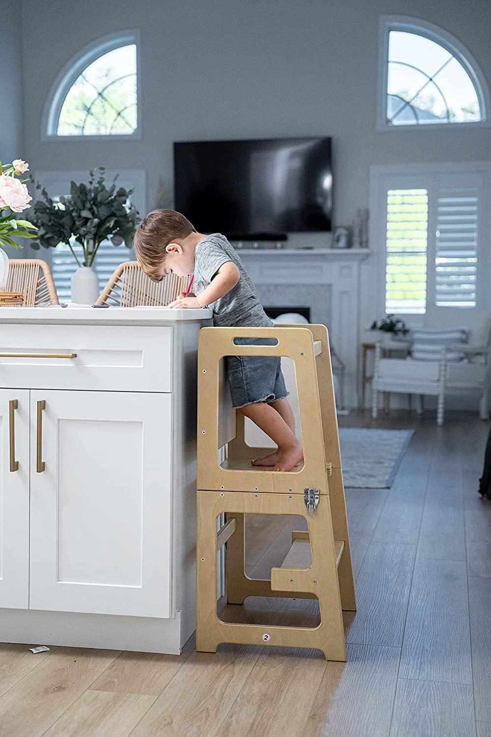 White Foldable Wooden Toddler Kitchen Step Stool