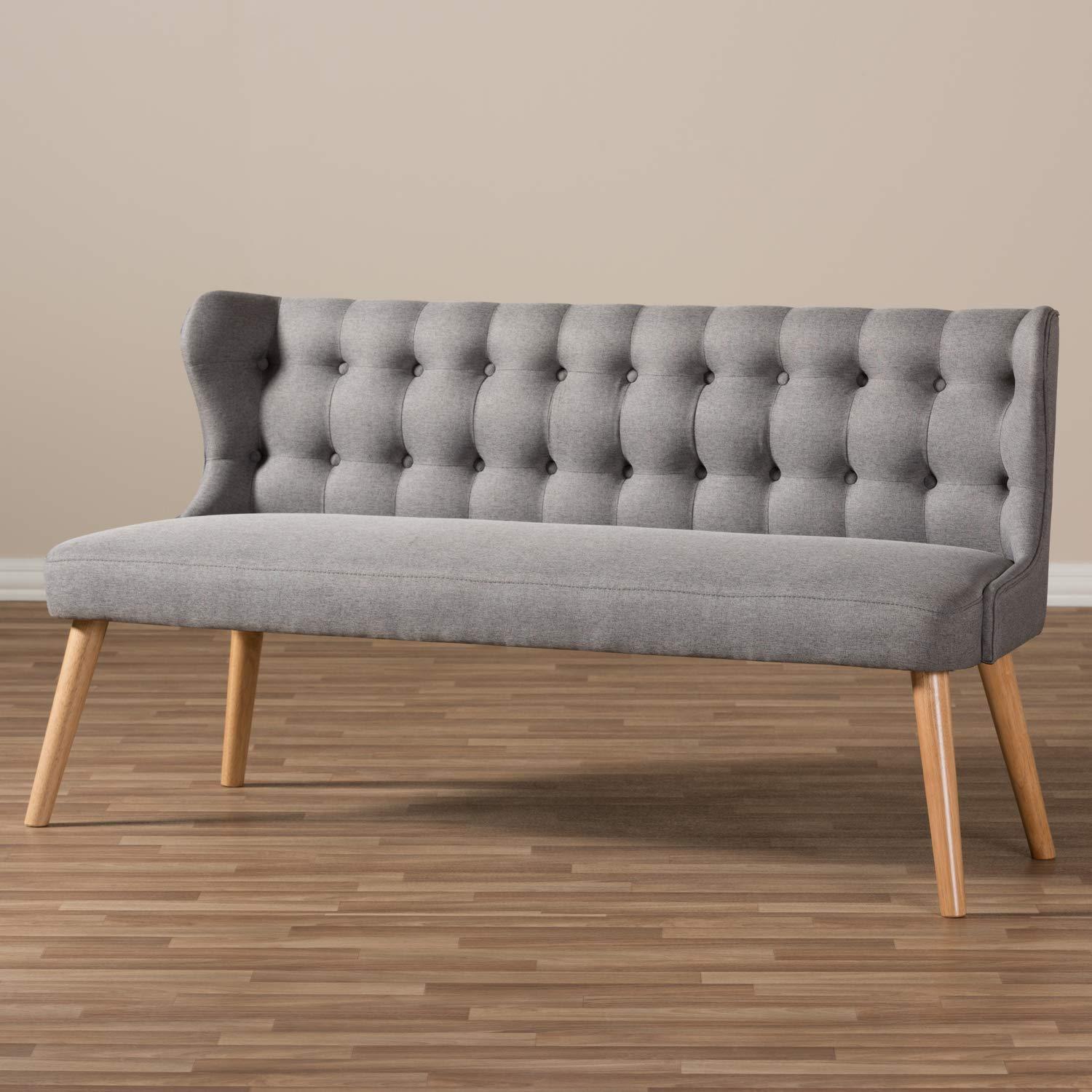 Melody Mid-Century Modern Fabric and Natural Wood Finishing 3 Seater Settee Bench Gray - Baxton Studio: Rubberwood Legs, Button-Tufted Back