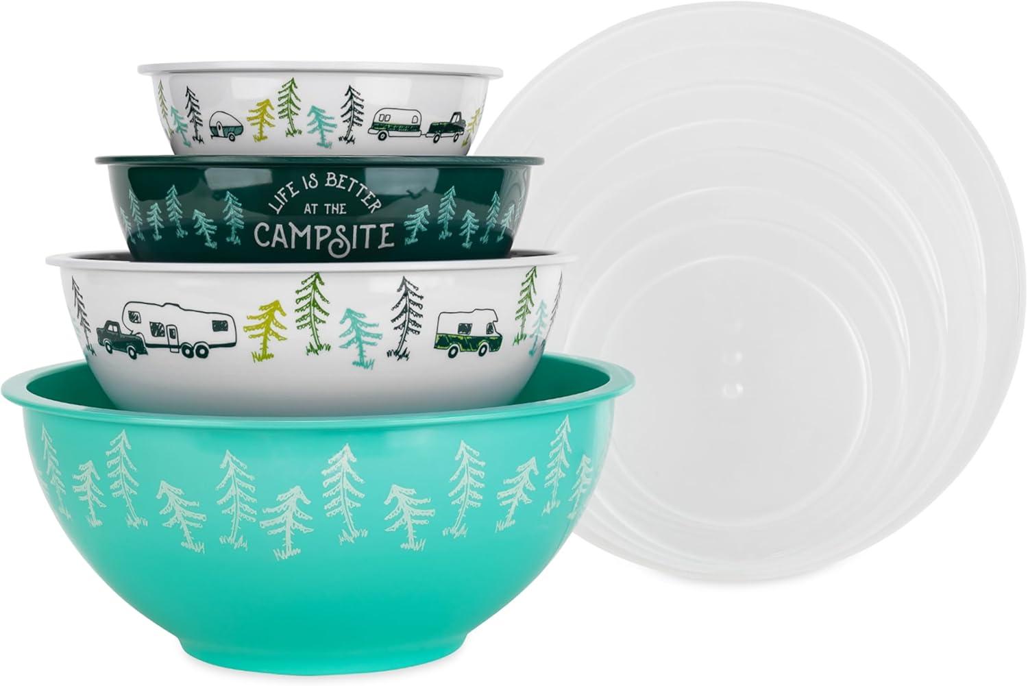 Camco Life is Better at The Campsite Nesting Bowl Set, Includes (4) Durable Melamine Bowls with (4) Plastic Lids Suitable for On-The-Go Lifestyles