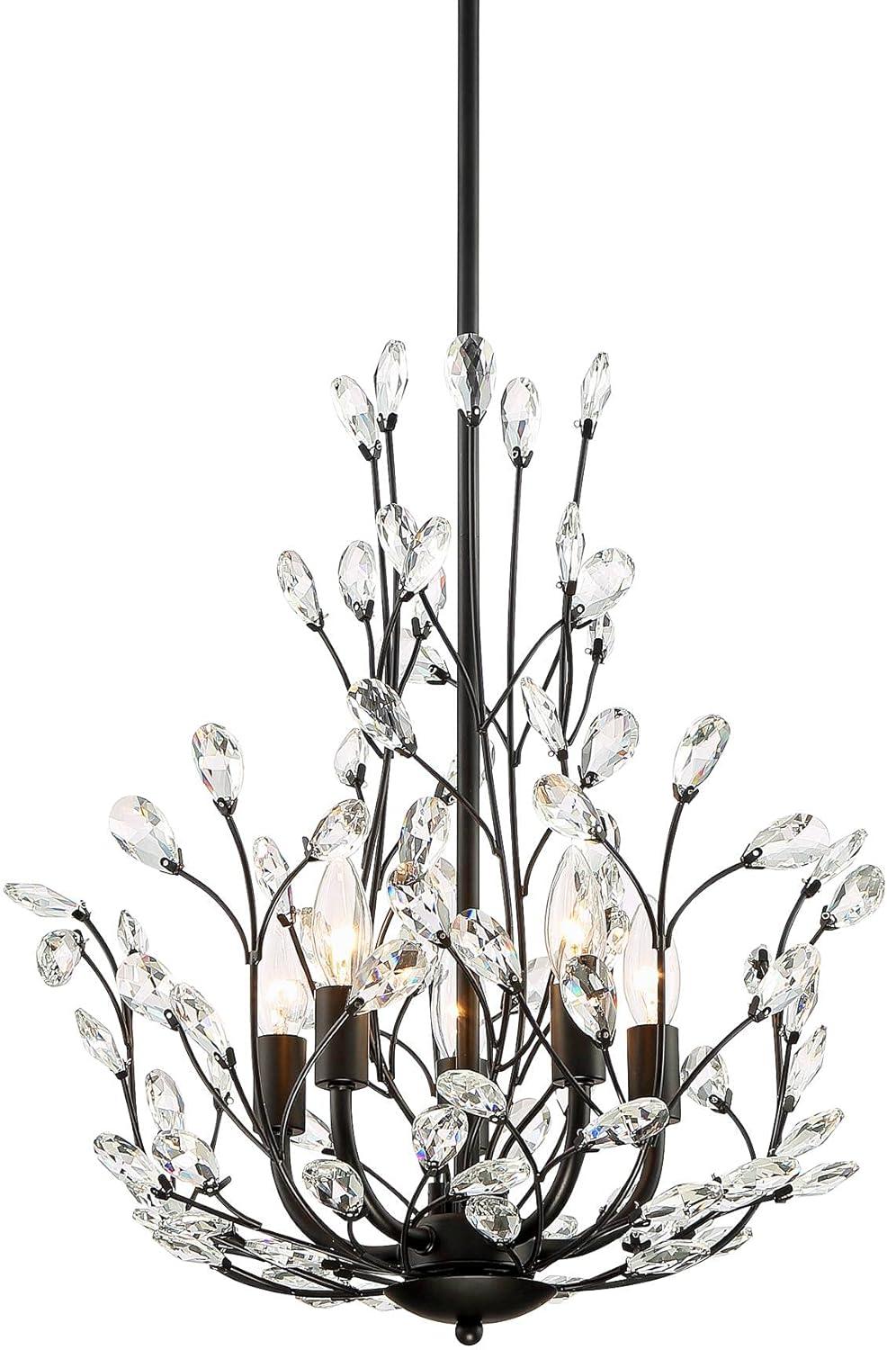 Regency Hill Aurine Matte Black Pendant Chandelier 18" Wide Modern Clear Crystal Glass Leaf 5-Light Fixture for Dining Room Foyer House Kitchen Island