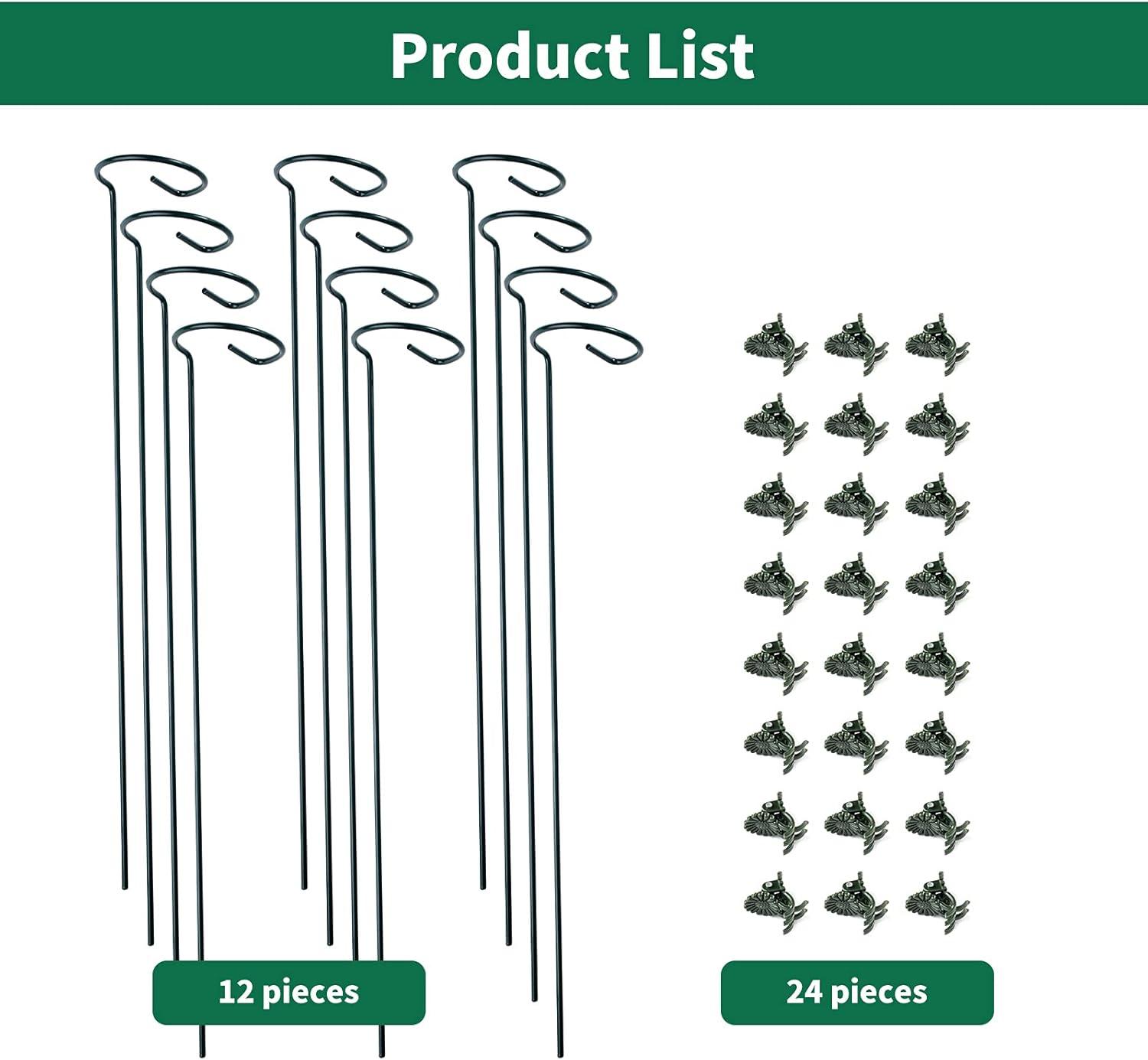 12 Pack Plant Stakes, 24 inch Plant Support Stakes, with 24 Pcs Plant Clips, Green, for Garden