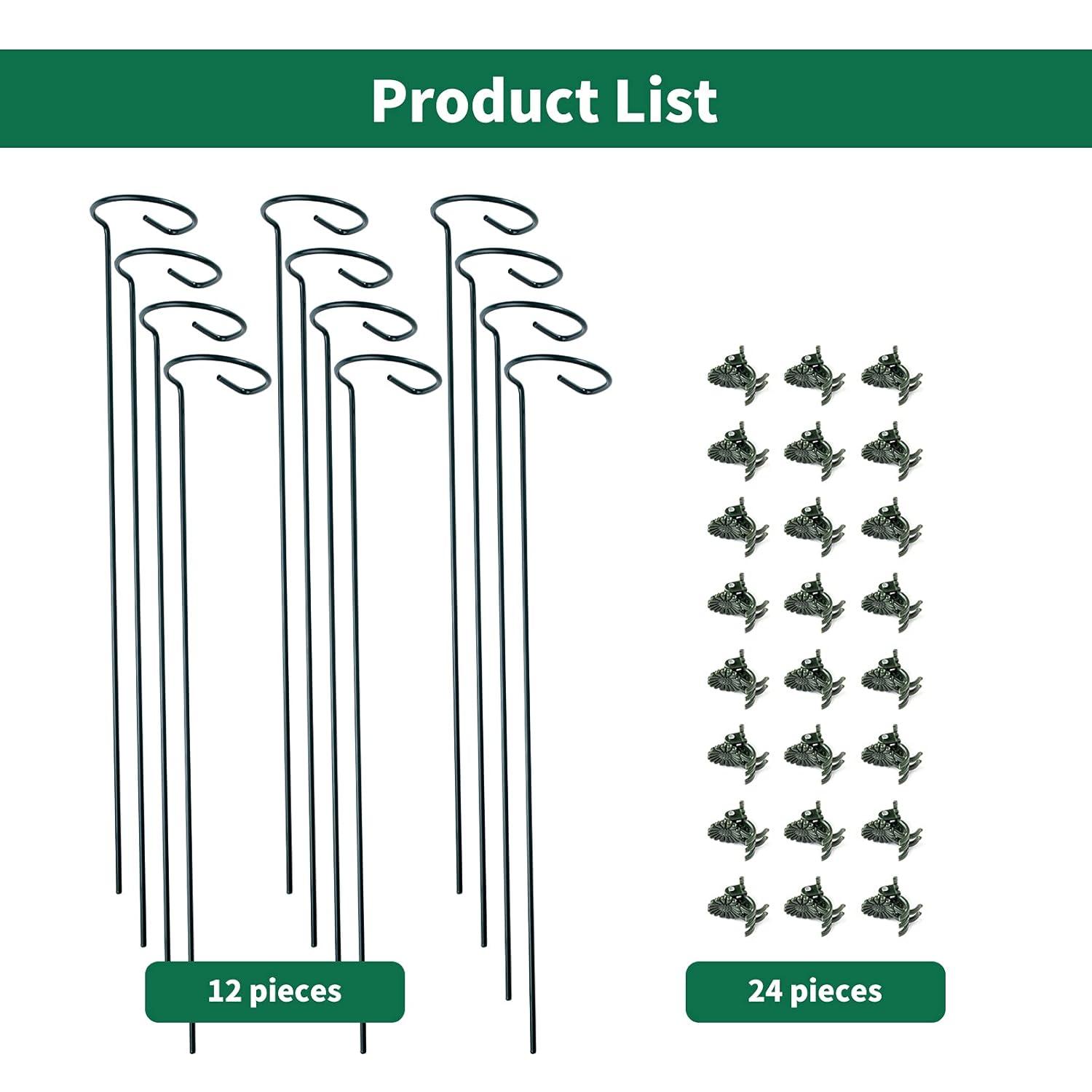 12 Pack Plant Stakes, 24 inch Plant Support Stakes, with 24 Pcs Plant Clips, Green, for Garden