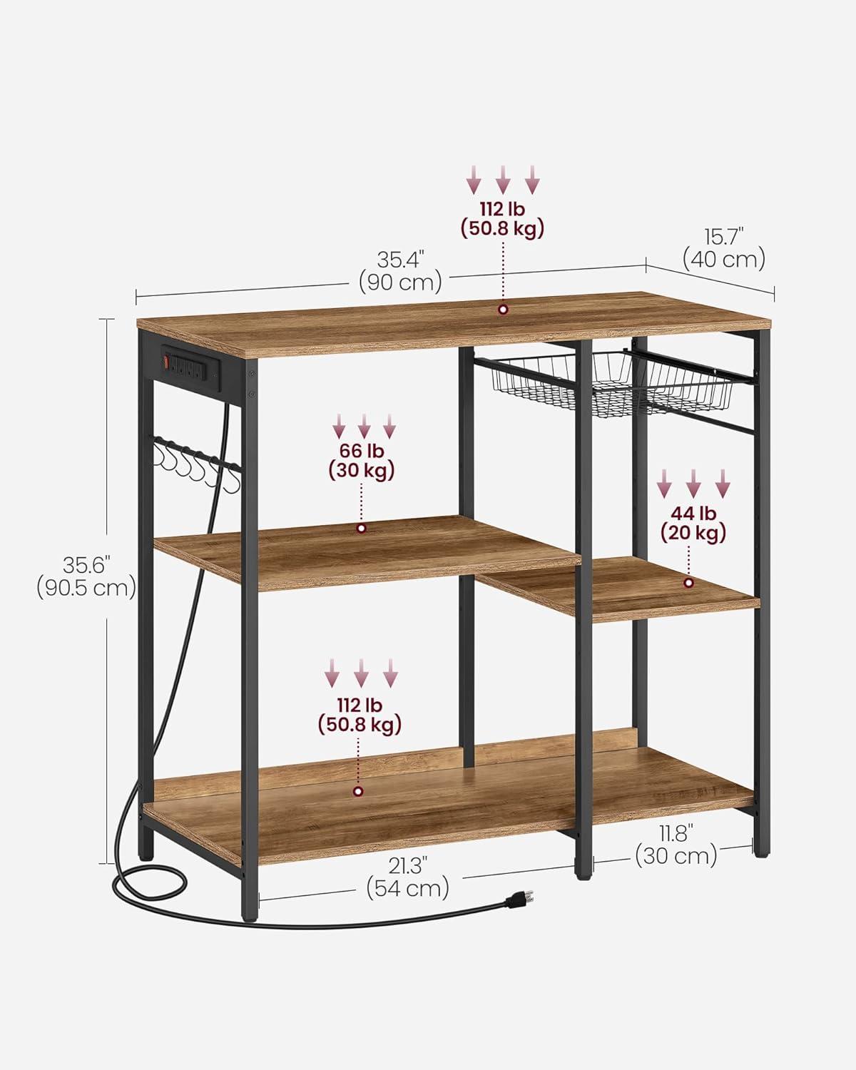 Rustic Walnut Adjustable Kitchen Shelf with Power Outlet