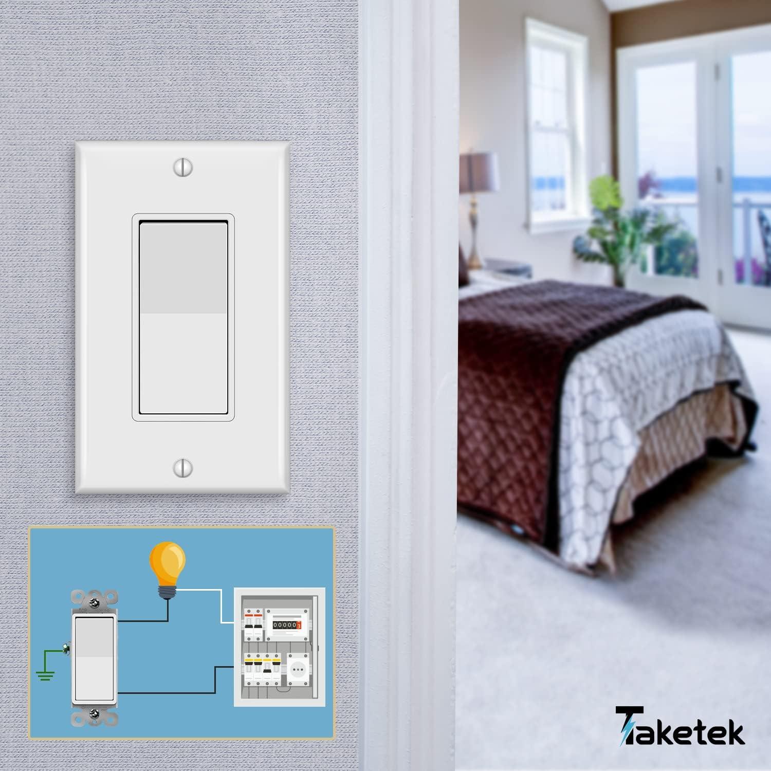 Decorator Switch with Wall Plate, Single Pole Rocker Light Switch, Grounding Screw, Residential Grade, 15A 120V/277V, UL Listed, YX-S001-10PACK, White (10 Pack)