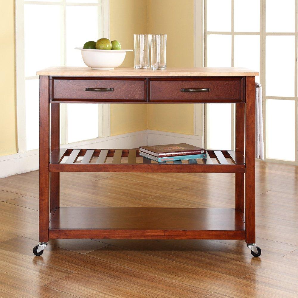 Natural Wood Top Kitchen Cart/Island with Optional Stool Storage - Black - Crosley: Solid Hardwood, Adjustable Shelf, Wheeled
