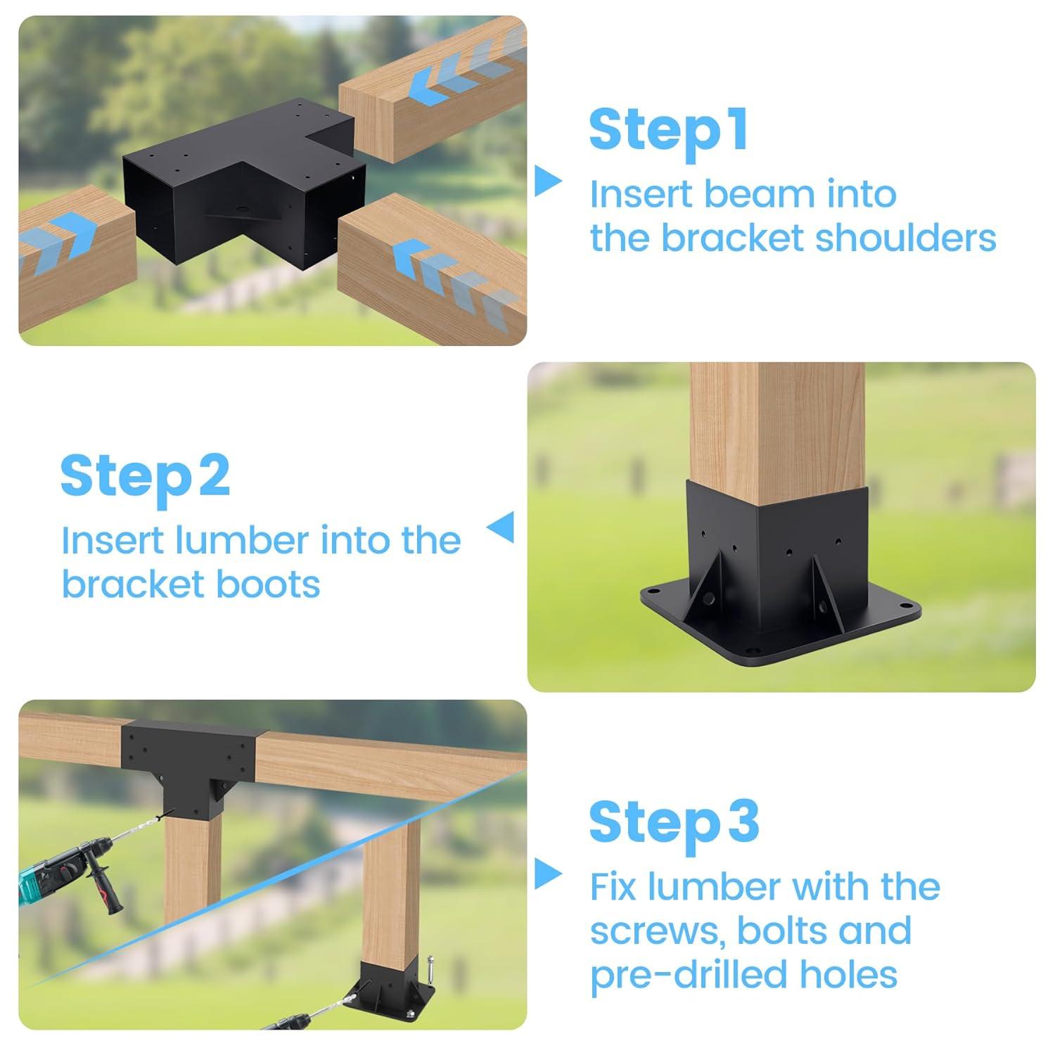 Pergola Kit Elevated Wood Stand Kit Woodwork for 4"x 4" (Actual 3.5" x 3.5"), Solid Steel Wooden Gazebo Kit for Outdoor 4-Way Right Angle Corner Bracket and Base Brackets - Includes Screws
