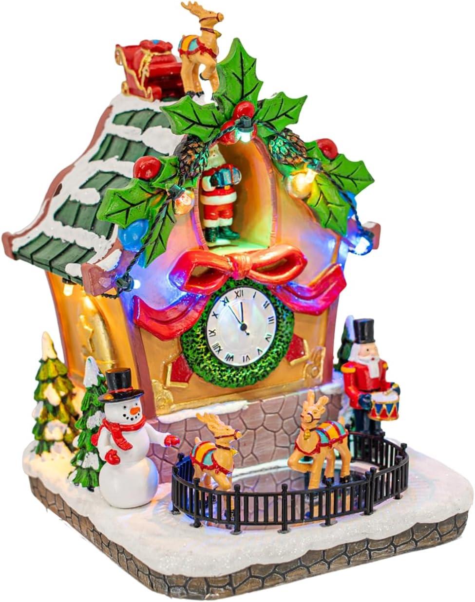 FG Square Holiday Cuckoo Clock Santa Reindeer LED Lighted Animated Christmas Village with Sound and Motion 6" x 6" x 8"