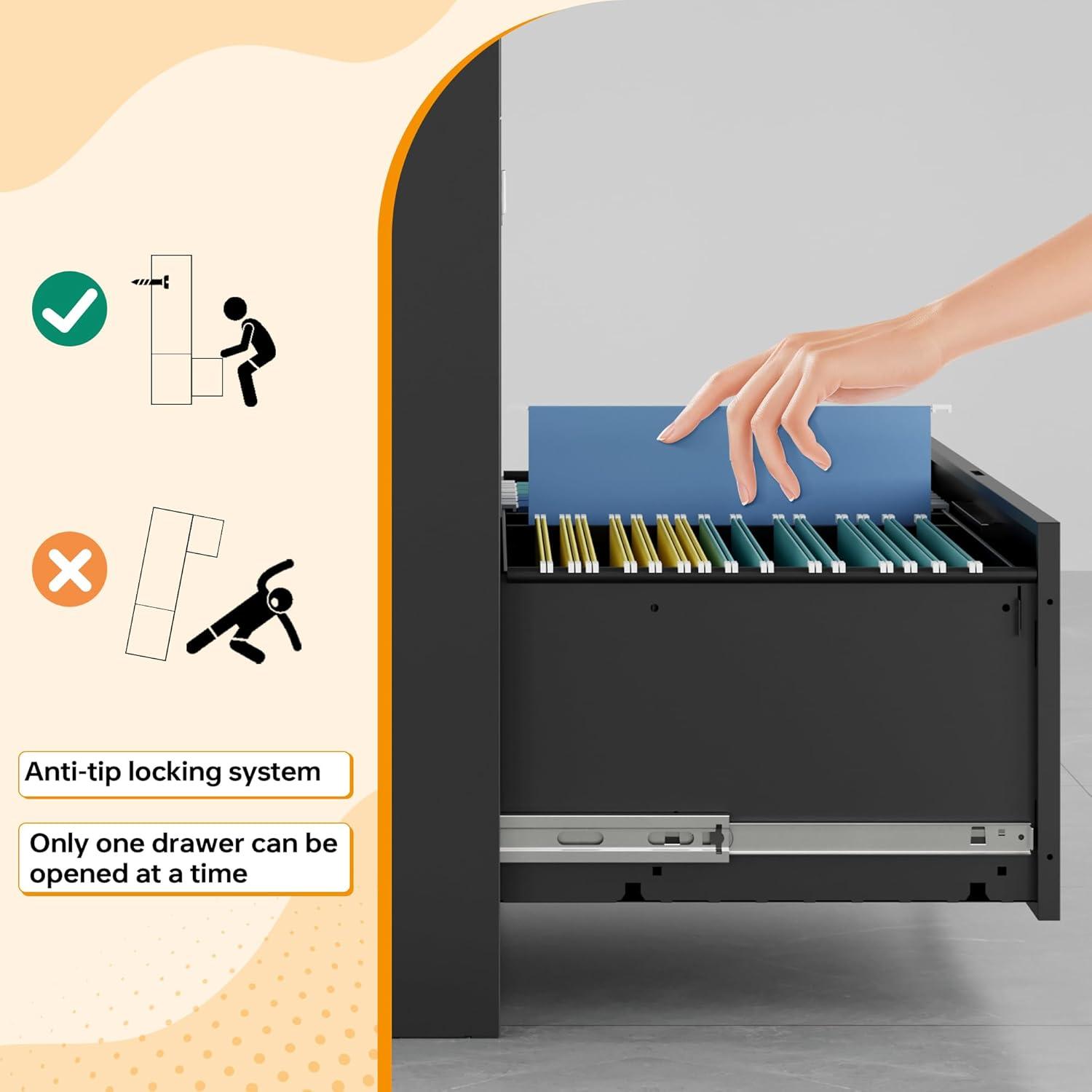 3 Drawer File Cabinet with Lock,Under Desk File Cabinet with Wheels,Black Rolling File Cabinet,Three Drawer Metal Filing Cabinet for Home Office,Fit A4/Letter/Legal File,Fully Assembled Except Casters