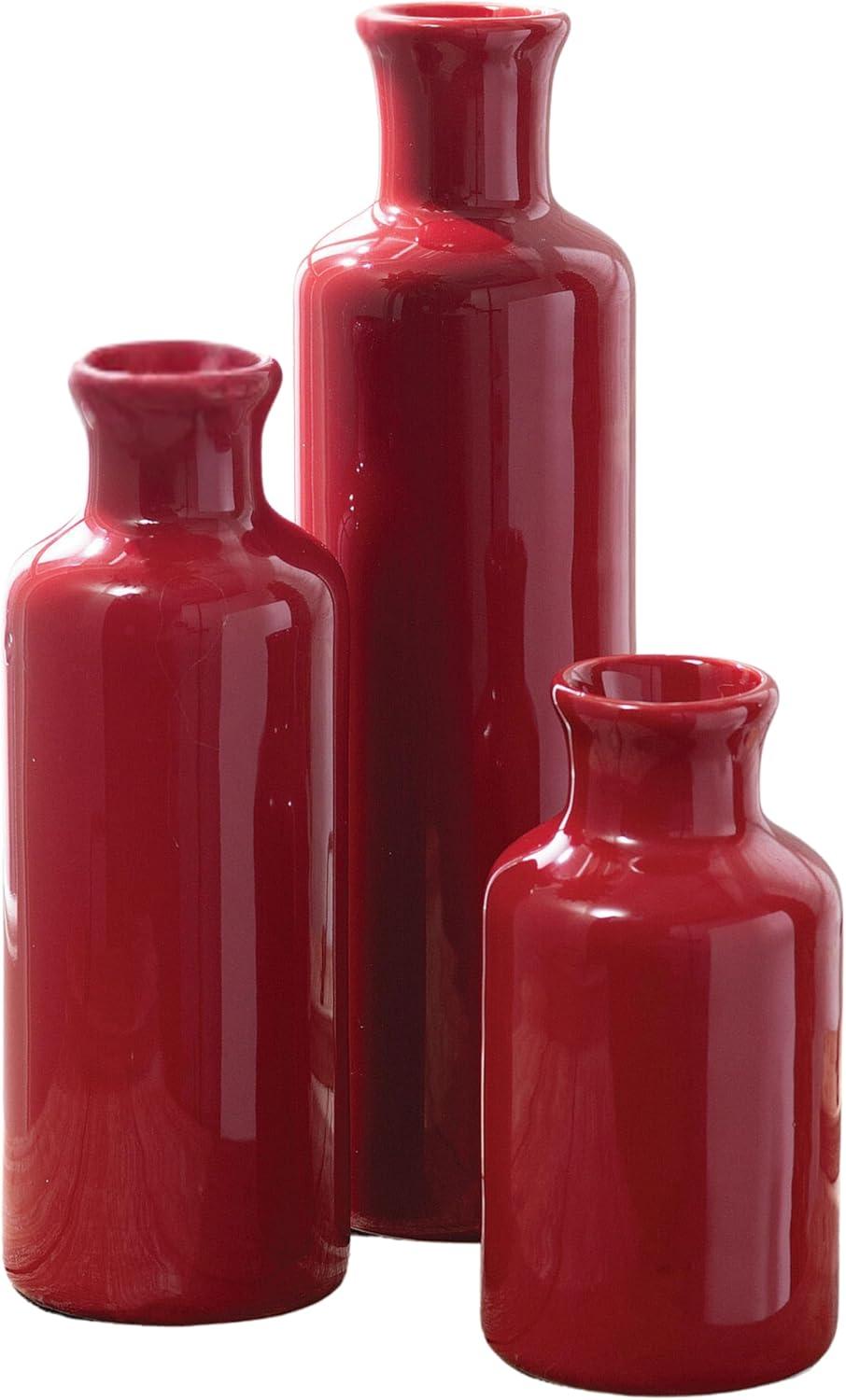 Red Ceramic Bottle Vase Set in Three Sizes