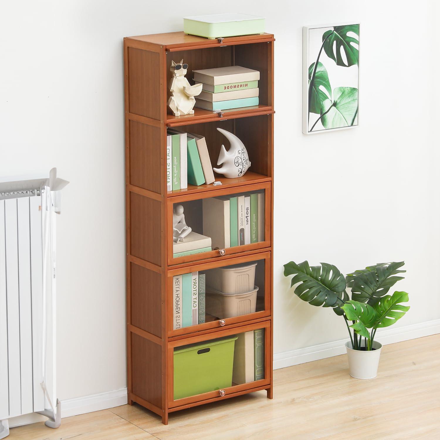 Magshion Bamboo/Acrylic 3 Shelves Bookshelf, with Transparent Door Bookcase, Brown, for Home