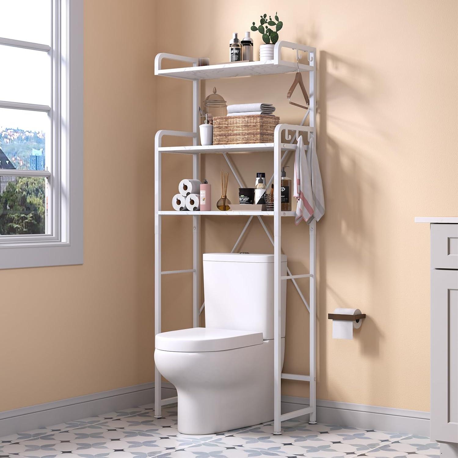 White Marble 3-Tier Over-the-Toilet Storage Rack with Hooks