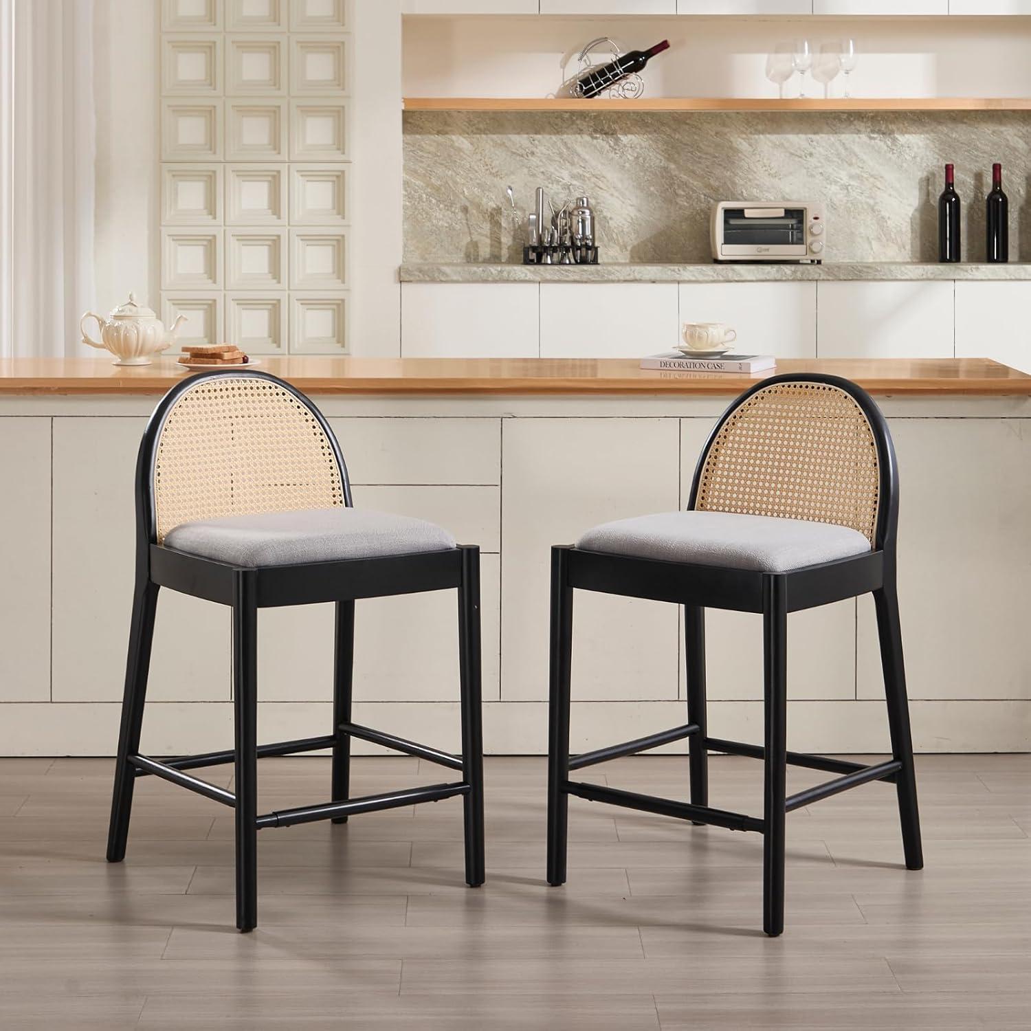 Bayou Breeze Emington Modern Stools with Rattan Backrests and Wood Frame (Set of 2)