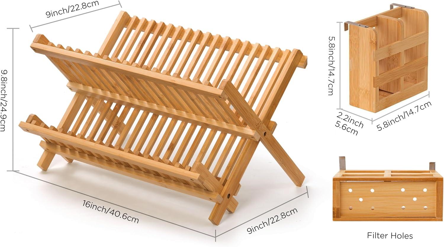 Foldable Bamboo 2-Tier Dish Drying Rack with Utensil Holder