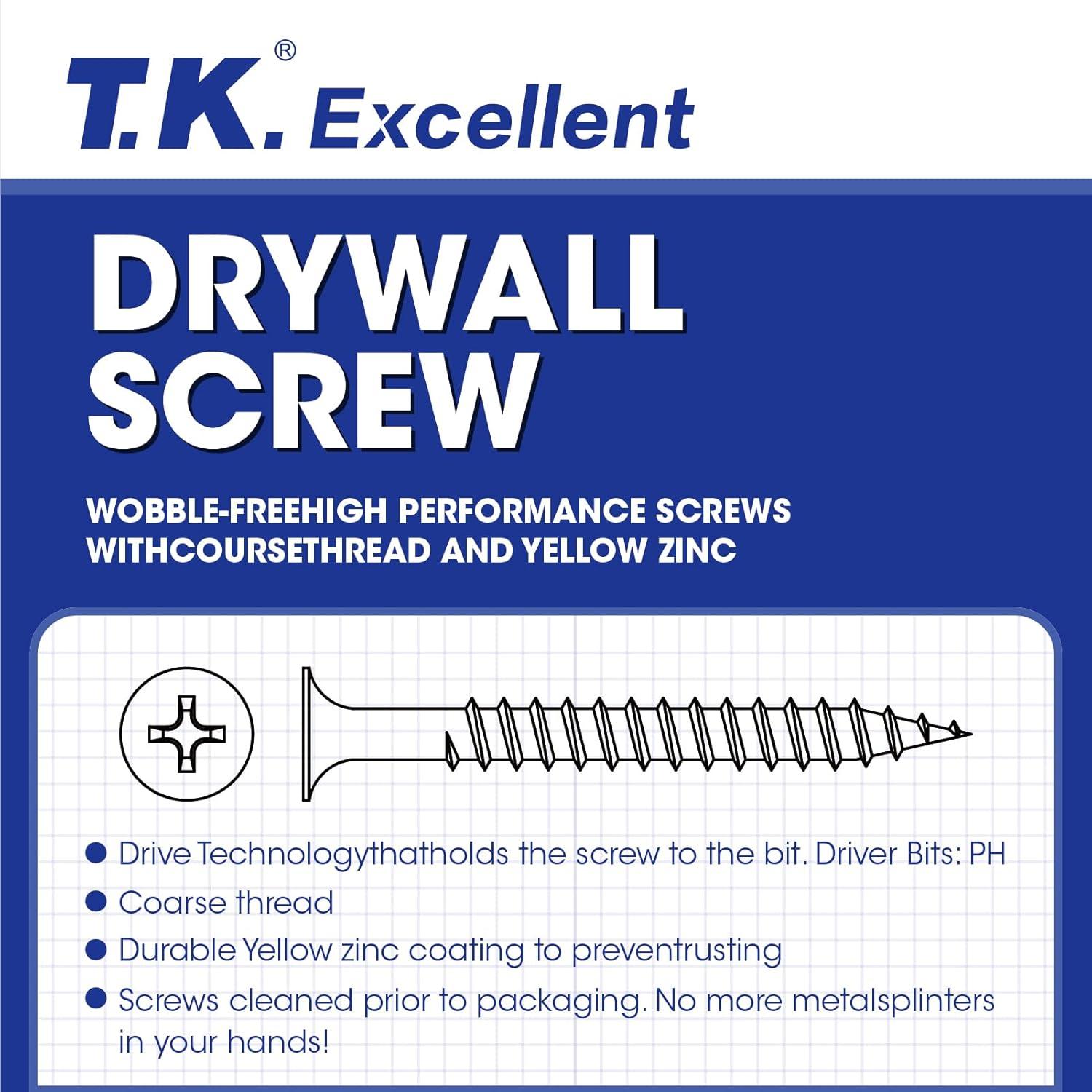 T.K.Excellent Wood Interior Construction Screw Coarse Thread Phillips Drive Bugle Head Yellow Zinc Drywall Screw Assortment Kit,465 Pieces