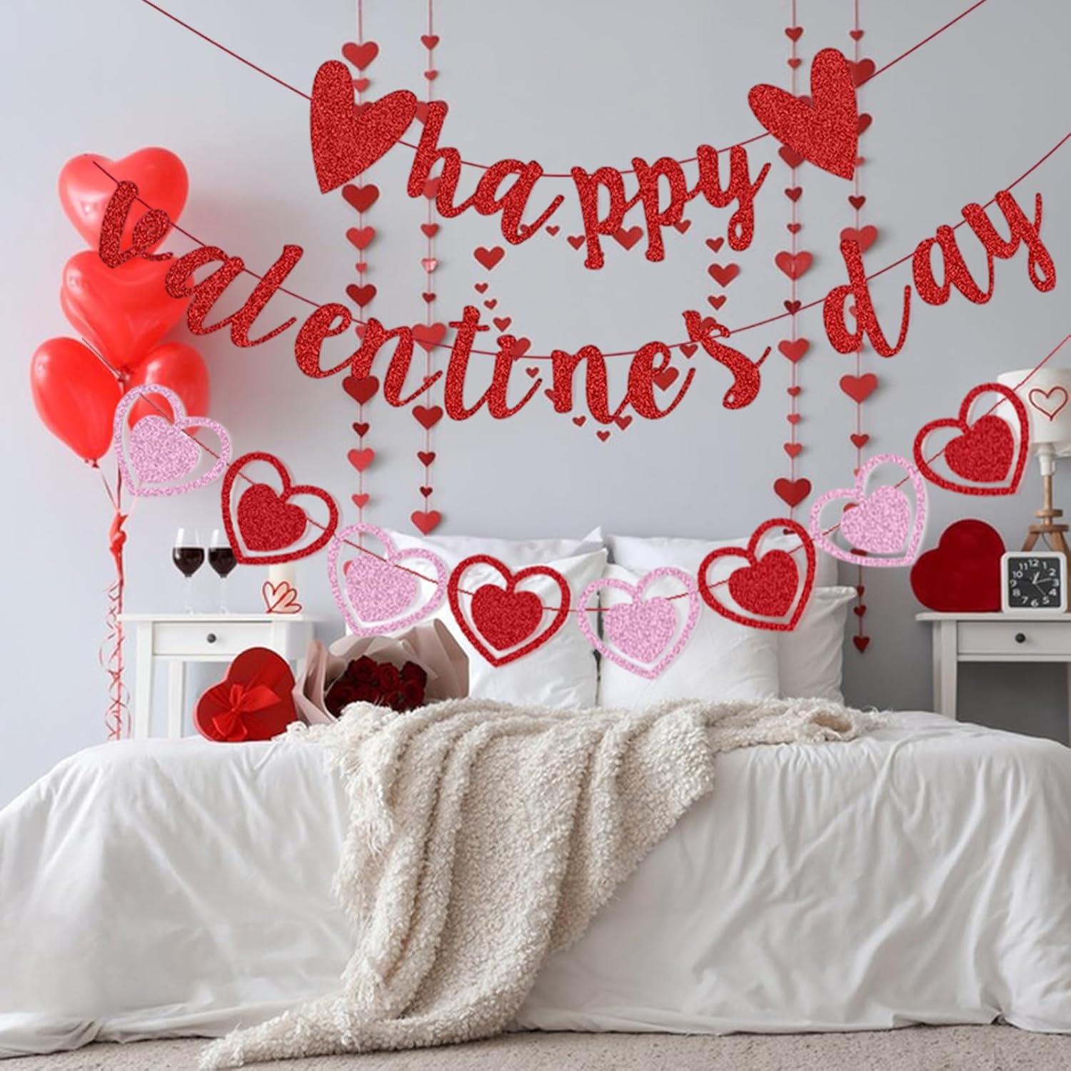 Glittery Heart Valentine's Day Banner, Red & Pink Sparkling Hollow Heart Shape DIY Paper Banner for Wedding Decoration