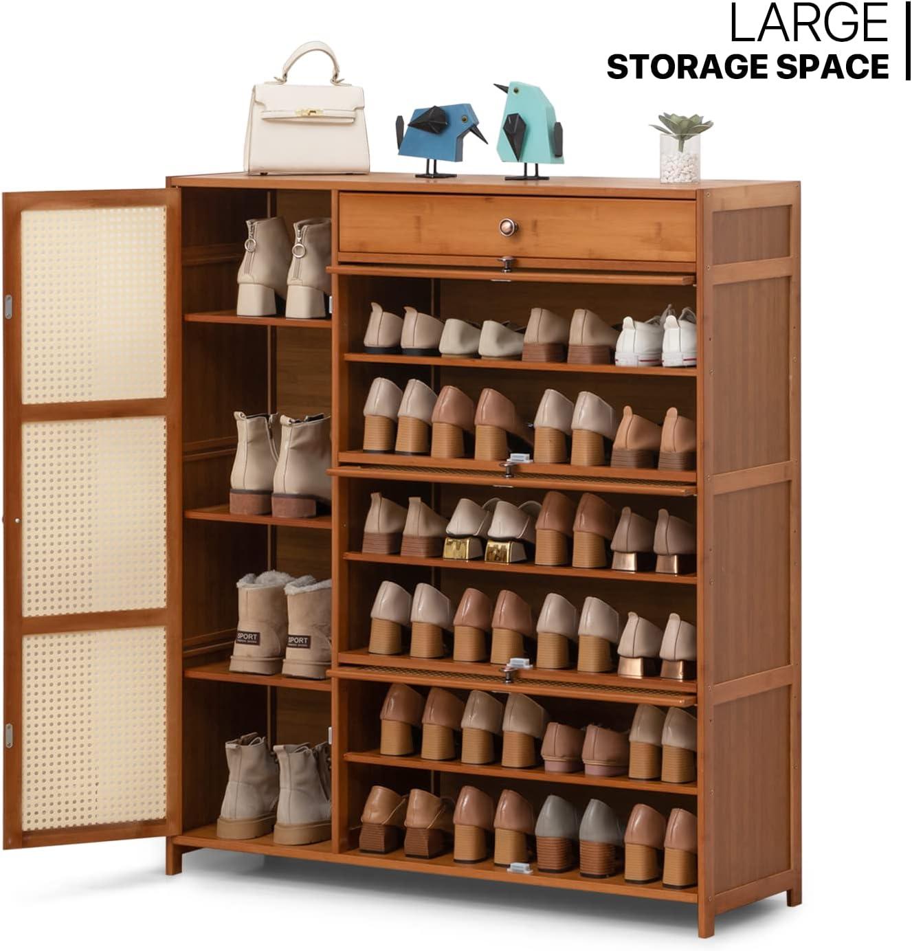 Bamboo and Rattan 4-Door Shoe Cabinet with Drawers