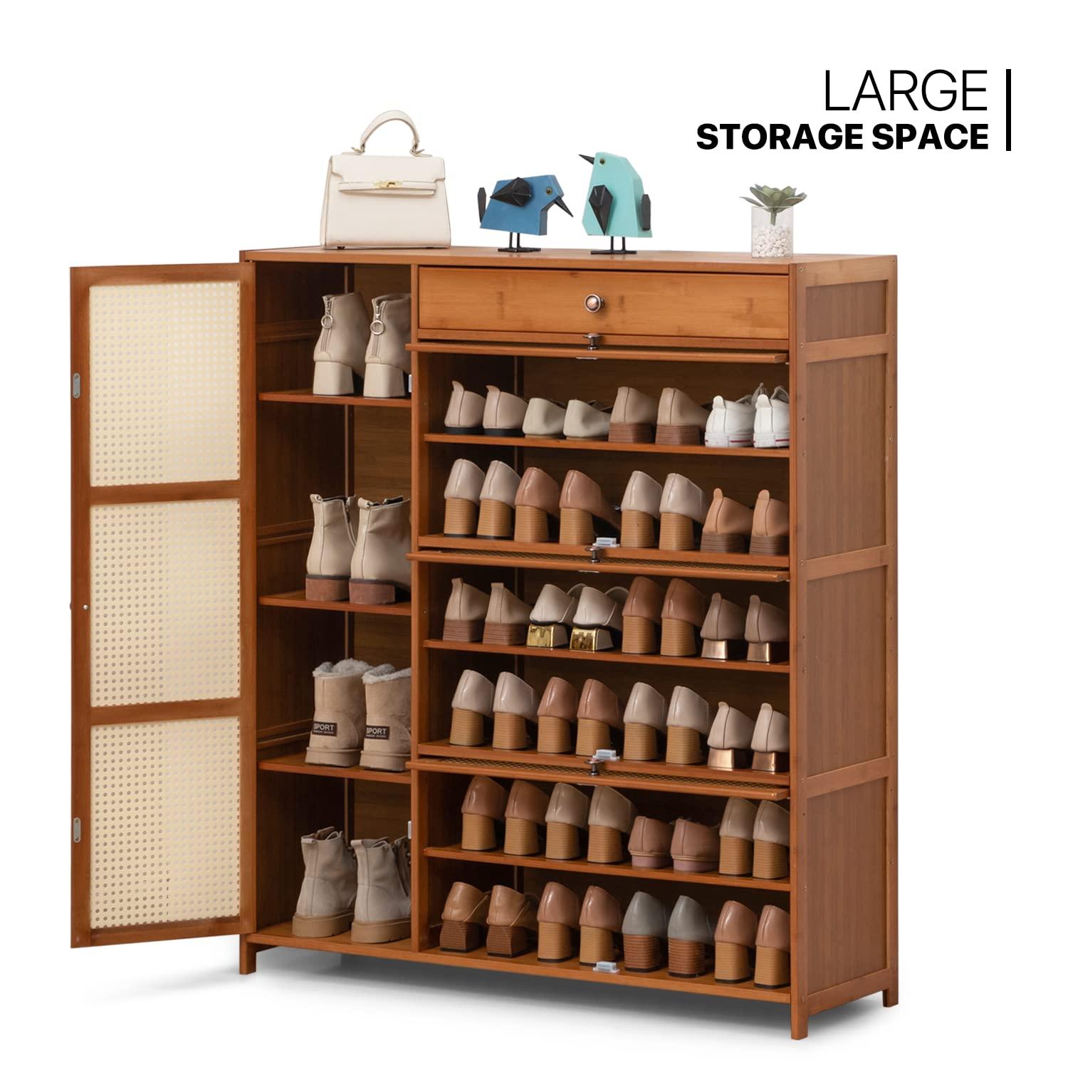 Magshion Bamboo 28 Pairs Shoe Cabinet, 6-Shelves Entryway Shoe Storage Cabinet with 4 Rattan Doors and 4 Compartments, Flip-Up Shoe Rack Organizer For Hallway, Brown