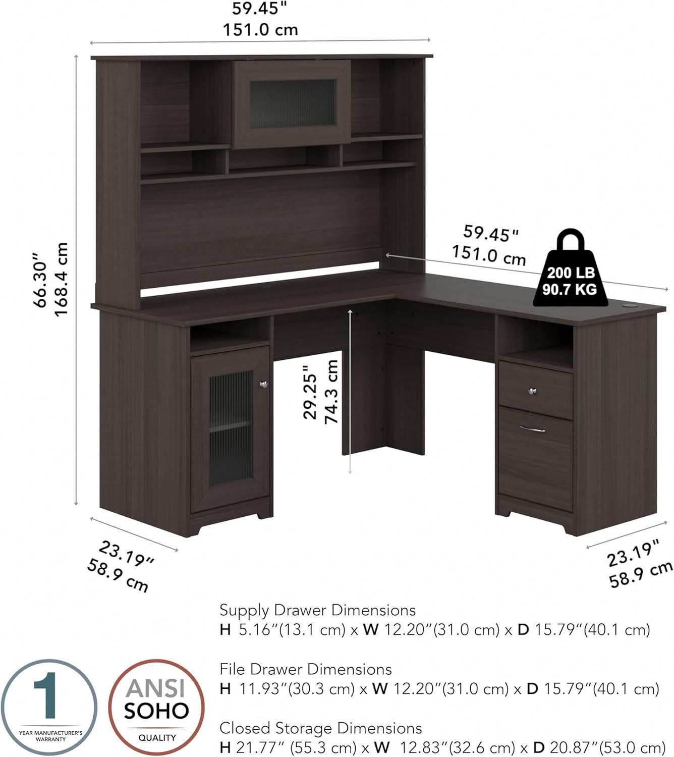 Cabot 60W L Shaped Computer Desk with Hutch Heather Gray - Bush Furniture: Executive Workstation, Storage Cabinet