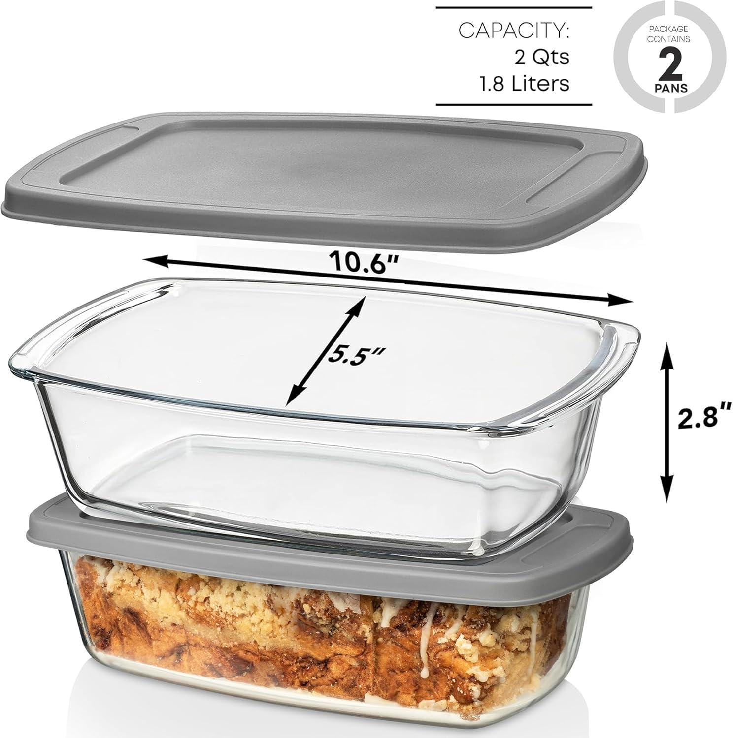 Large Rectangular Glass Loaf Pan with Gray Lids, Set of 2