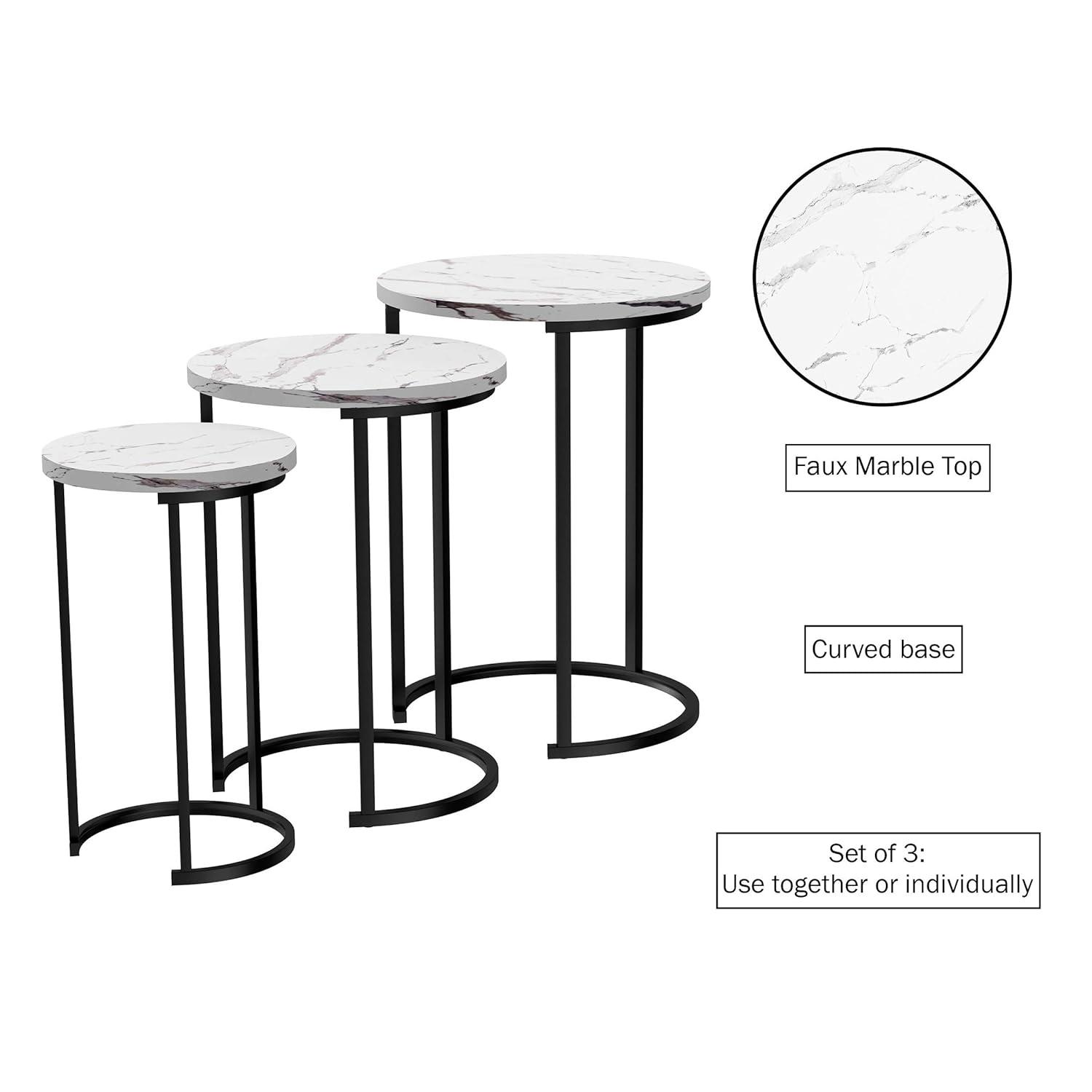 Set of 3 White Faux Marble and Black Metal Round Nesting Tables