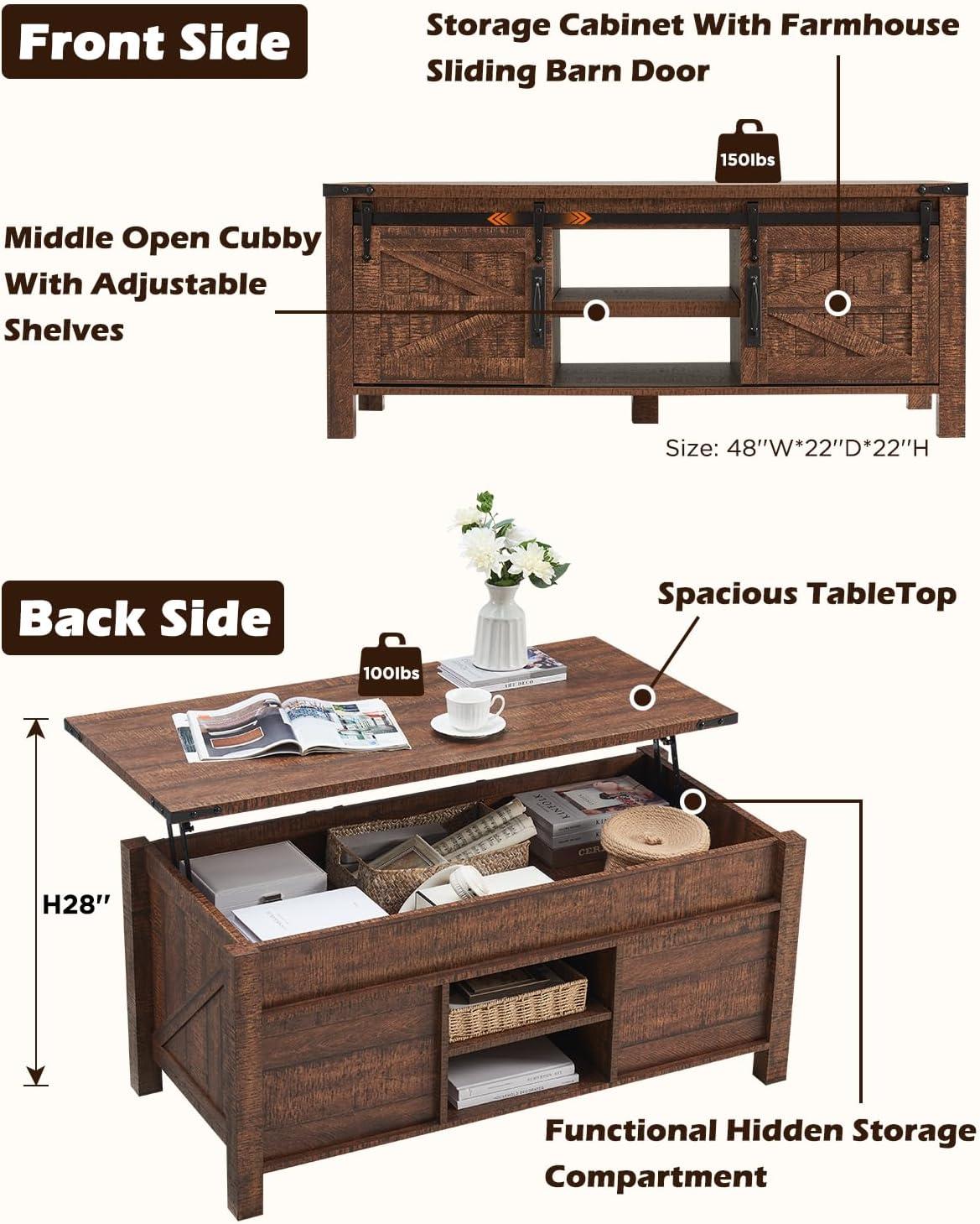 OKD Farmhouse Sturdy Coffee Table with Sliding Barn Doors and Storage Shelves for Living Room, Den, Family Room, or Office, Reclaimed Barnwood